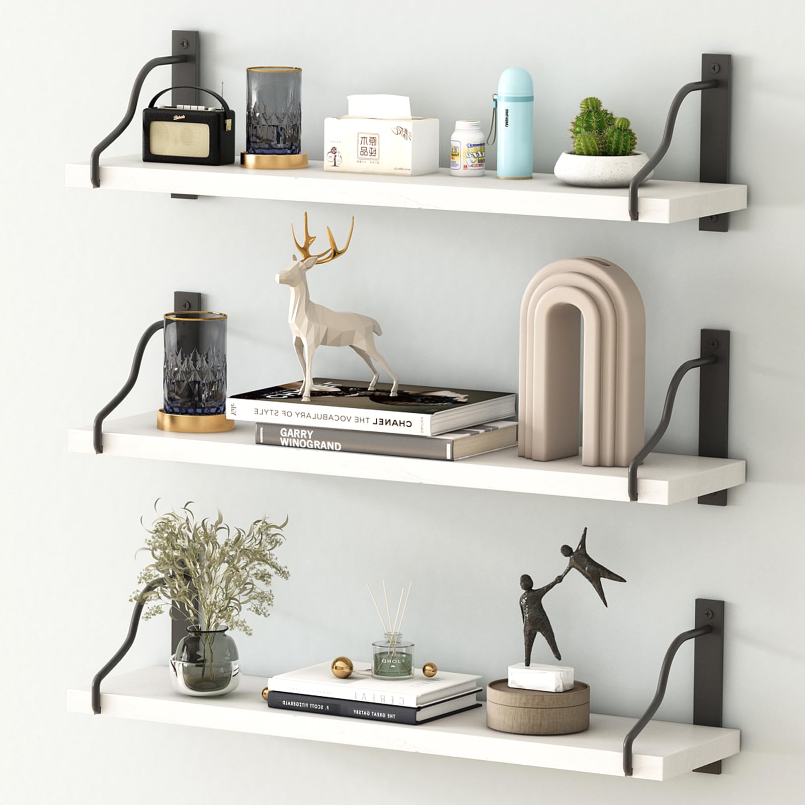 Wall Shelves, 24 Inches Wood Wall Mounted Shelves for Wall Storage, Floating Shelves with Metal Shelf Bracket, Hanging Shelves for Bedroom Kitchen Living Room (White, 24 Inches)