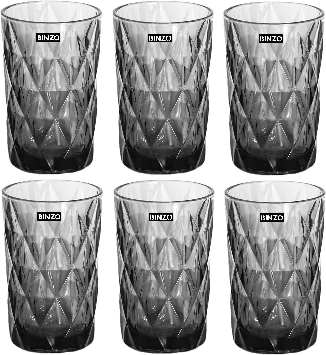 BINZO Color Water Glasses, Set of 6, 400 ml, Textured Grey Highball Colored Glassware, Drinking Tumbler Glass for Juice, Drinks, Home, Kitchen, Beverage, Gift (Grey, Long, 400 ml, Set of 6)