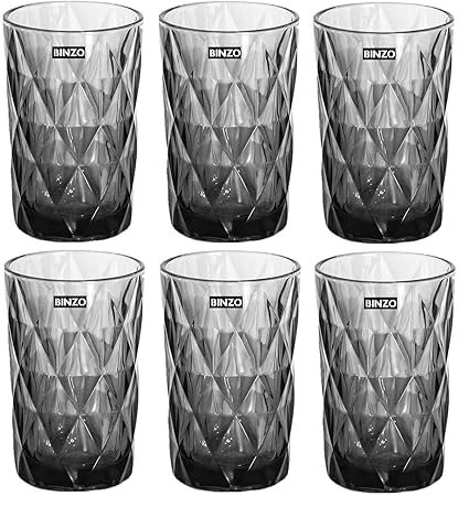BINZO Color Water Glasses, Set of 6, 400 ml, Textured Grey Highball Colored Glassware, Drinking Tumbler Glass for Juice, Drinks, Home, Kitchen, Beverage, Gift (Grey, Long, 400 ml, Set of 6)