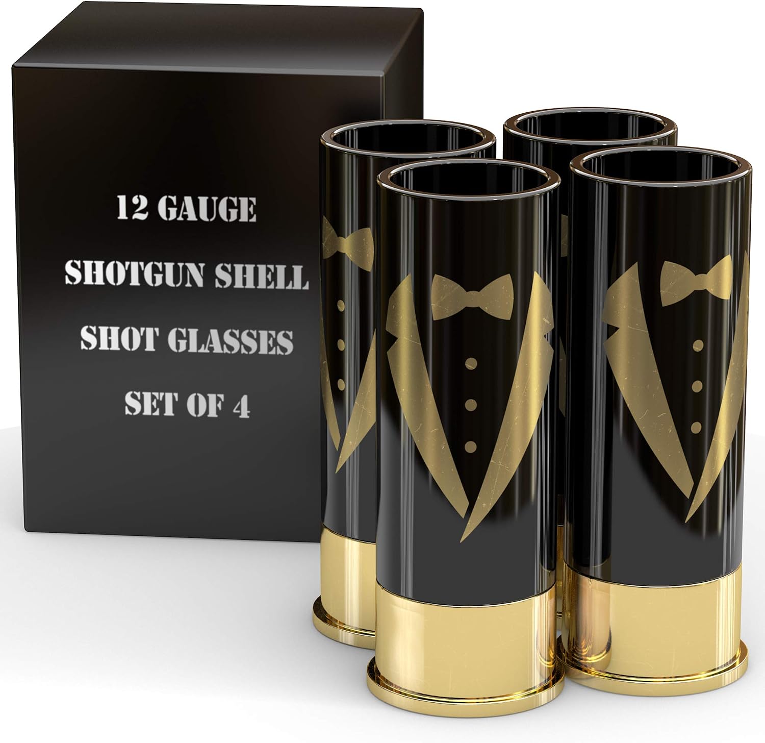 Old Southern Brass The Original 12 Gauge Shot Glasses Set of 4 - Groomsmen Tuxedo - American Owned & Operated - LIFETIME GUARENTEE