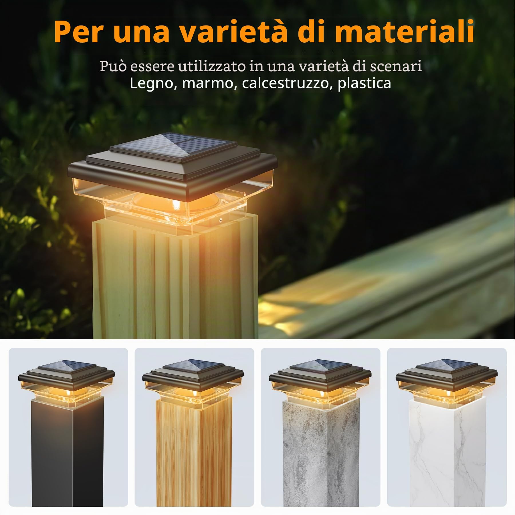 Lampada per Pilastro Solare per Pali 7x7 8x8 9x9 10x10cm, 4 pezzi | 6000-6500K con 8 Bianco Caldo LEDs, Impermeabile per Patio Recinzione Pali