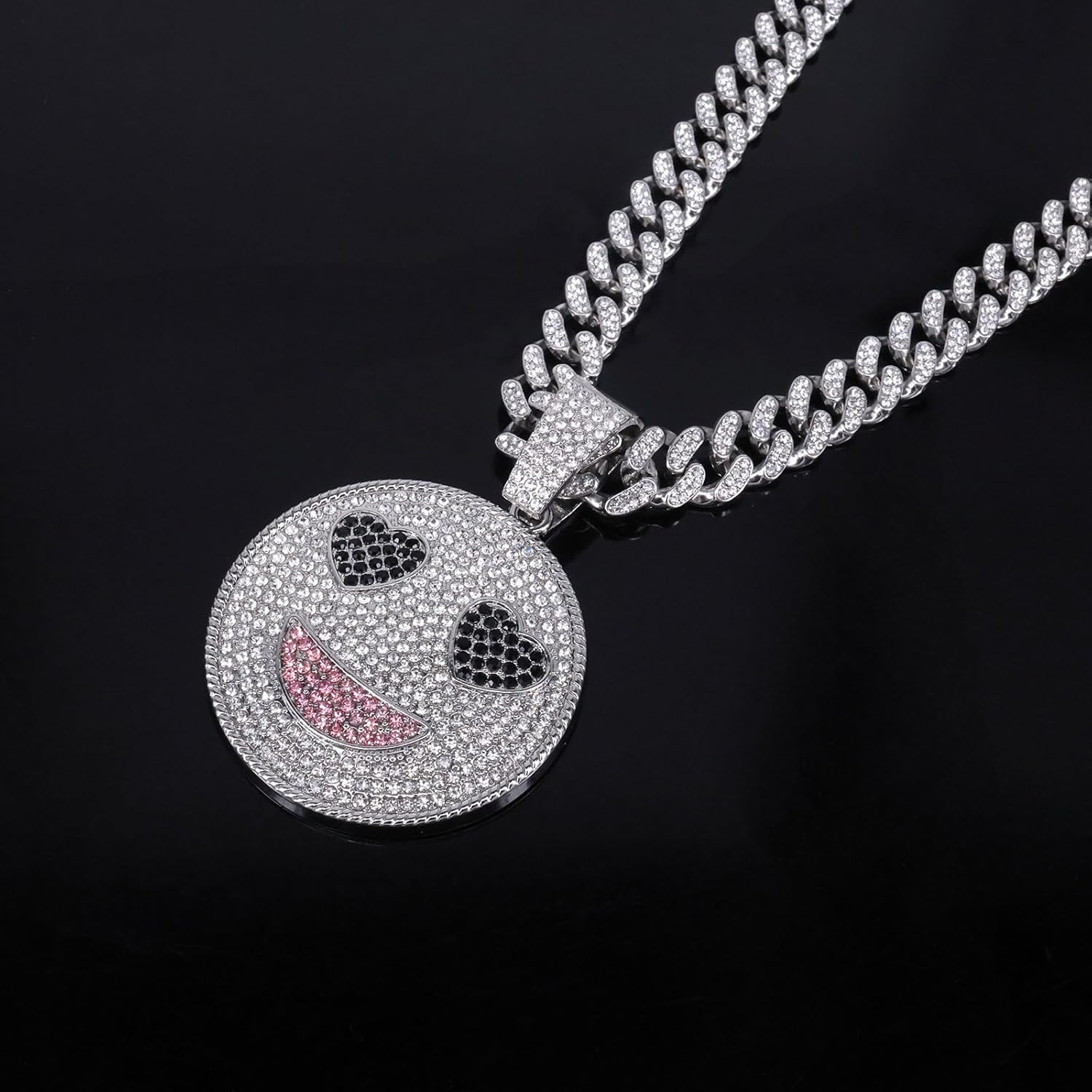 Smiling Face Hip-hop Cuban Chain, Rhinestone Pendant Necklace Jewelry For Men，Men's Fashion Jewelry Silver golden - Image 4