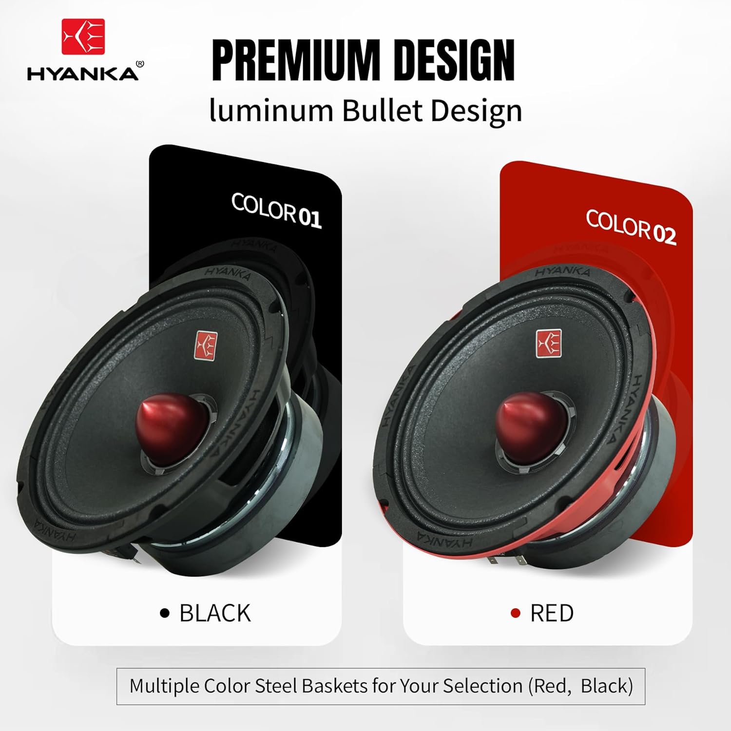 H YANKA 6.5 Midrange Speakers Car Audio, 480 Watts 4 Ohms Bullet Design Door Speakers with Black Steel Basket, Distortion-Free Sound, Ideal for Cars, Trucks, and More. (1 Pair)