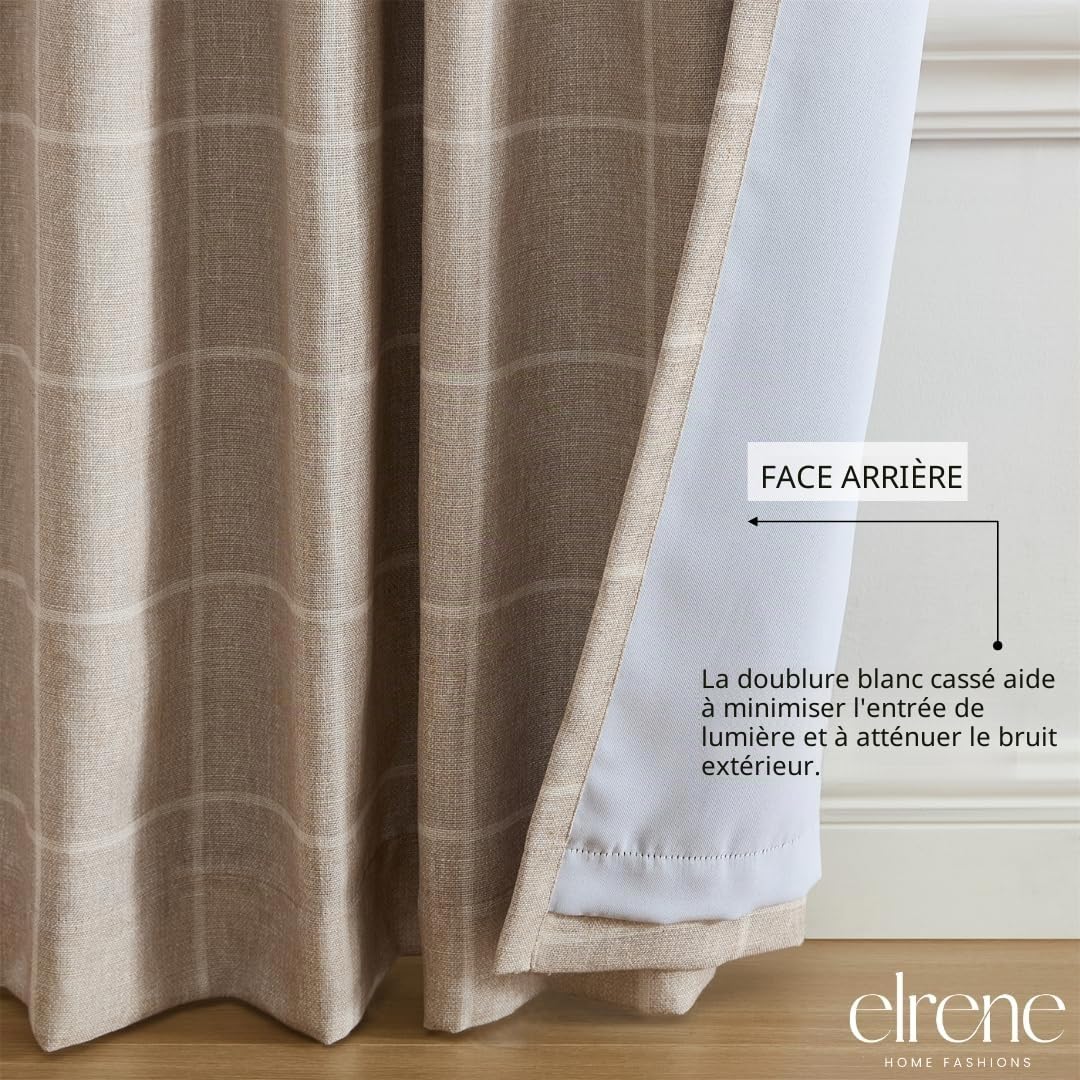 Elrene Home Fashions Sawyer Rideau de fenêtre occultant à Carreaux avec Passe-Tringle/Pattes arrière pour Salon, Chambre à Coucher, Bureau, 132,1 x 241,3 cm, Lin