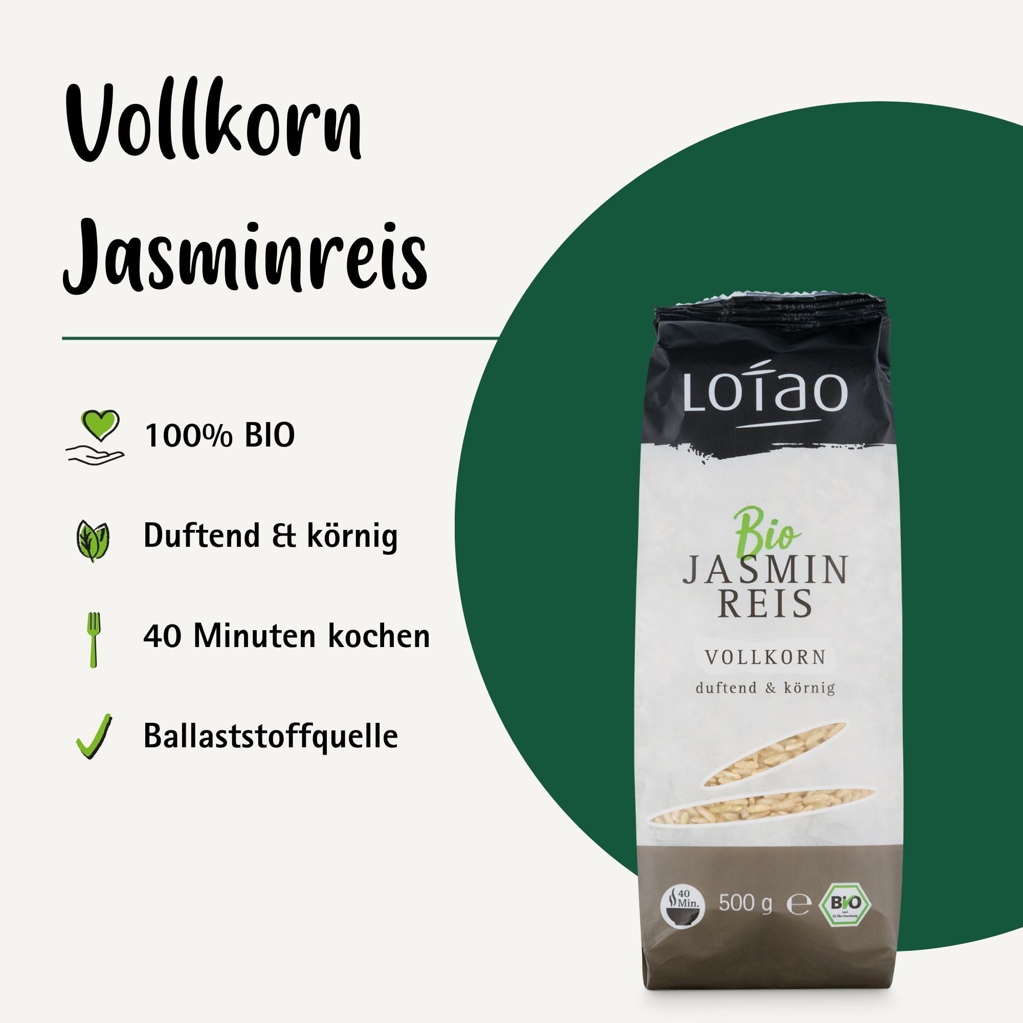 Lotao Bio-Jasmin Reis Vollkorn (4x 500g) | Reis-Klassiker im Vorteilspack | körnig, duftig & nussiger Geschmack, vielseitig einsetzbar | nachhaltig, vegane und vegetraische Küche, hochwertig