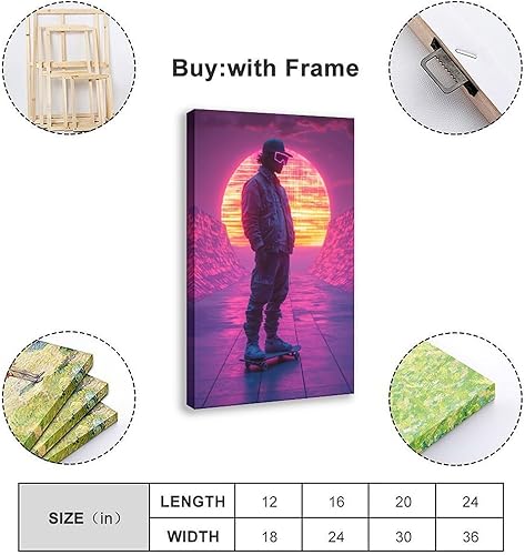 Miniatura 2 de ZMLIS Póster Vaporwave de la cultura del patinaje de los años 80  Impresión de pared de neón con diseño de cuadras de sol y puesta de sol,