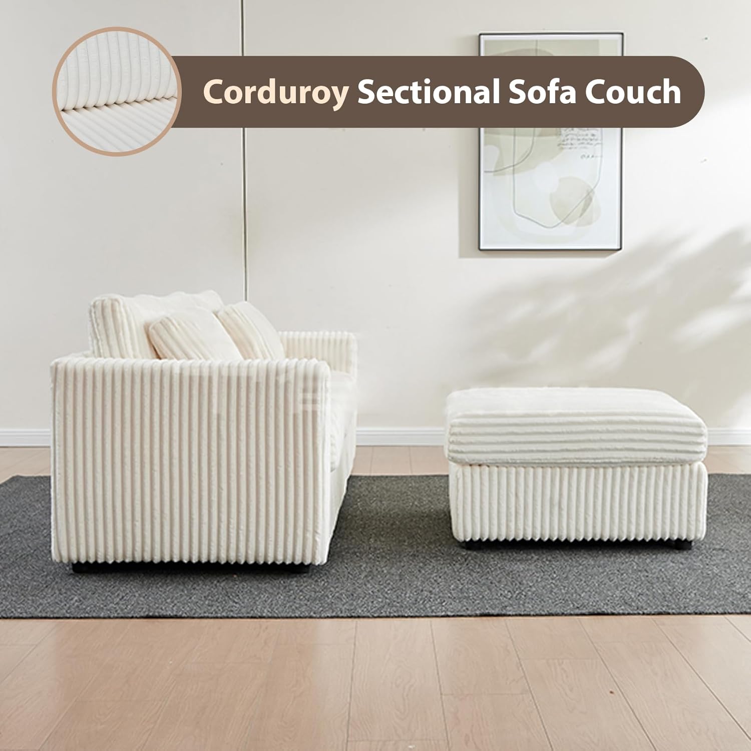 113" L-Shaped Convertible Cloud Sofa, Modular Couch with Ottoman - Corduroy Fabric, Cloud Plush Cushions, Durable White Sofa Set for Living Room (White)