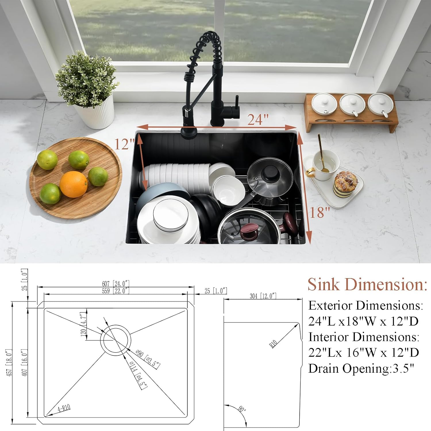 24 Inch Undermount Laundry Sink with Faucet Combo-Bokaiya 24x18x12 Black Stainless Steel Laundry Utility Sink Outdoor 16 Gauge Deep Single Bowl Laundry Room Sink