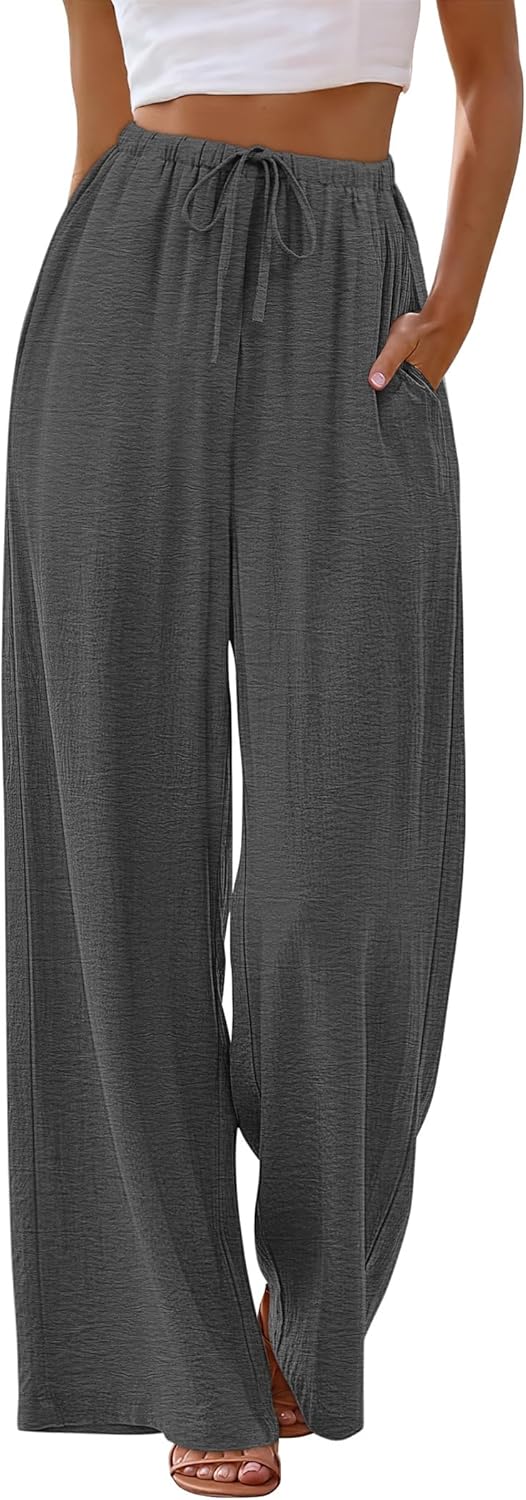 Sampeel Women's Linen Summer Palazzo Pants Flowy Wide Leg Beach Trousers with Pockets Dark Grey - Image 2