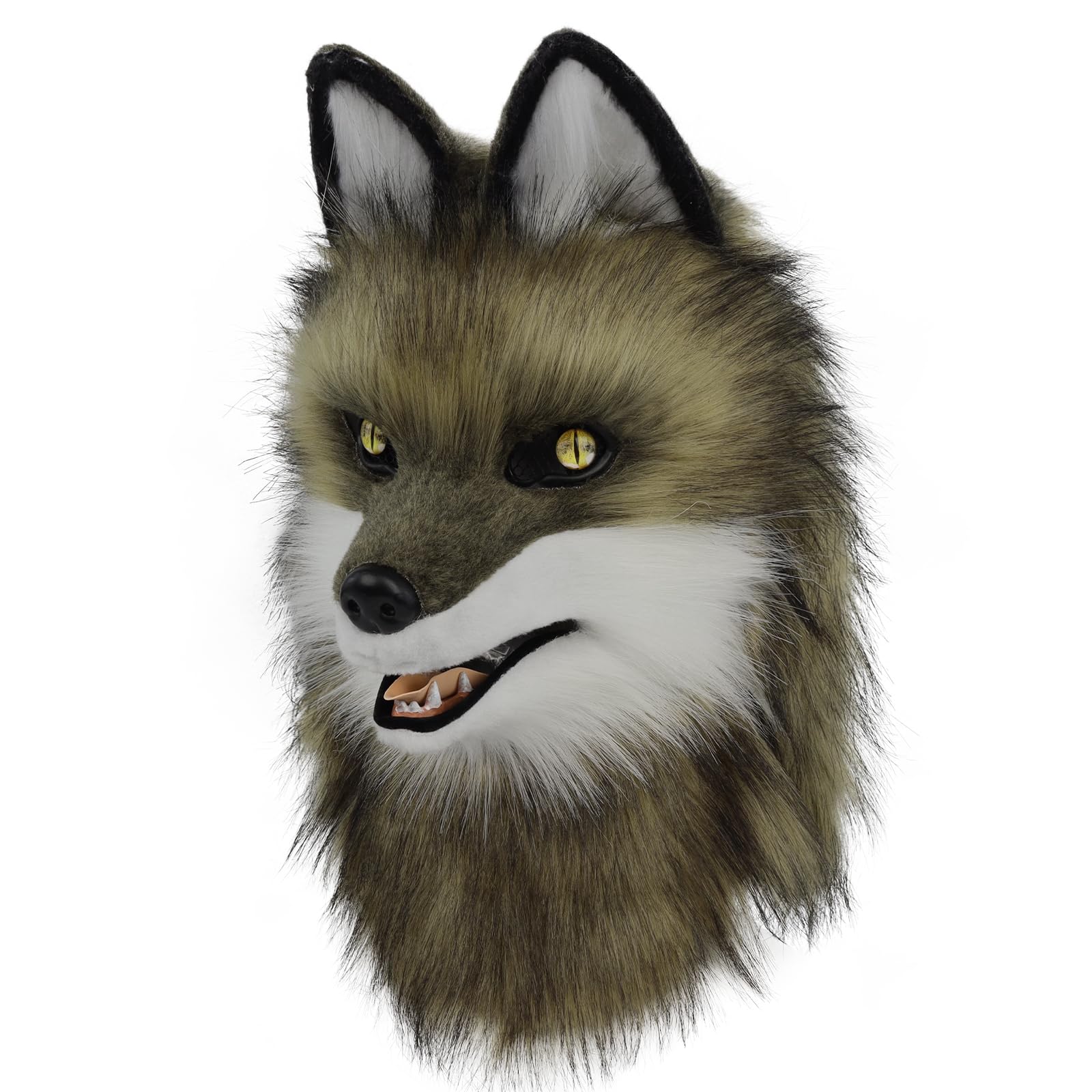 PPFINE Animal Faux Fur Wolf Dog Furry Full Head Mask Cosplay Costume Accessories for Halloween Party, Grassyellowwhite