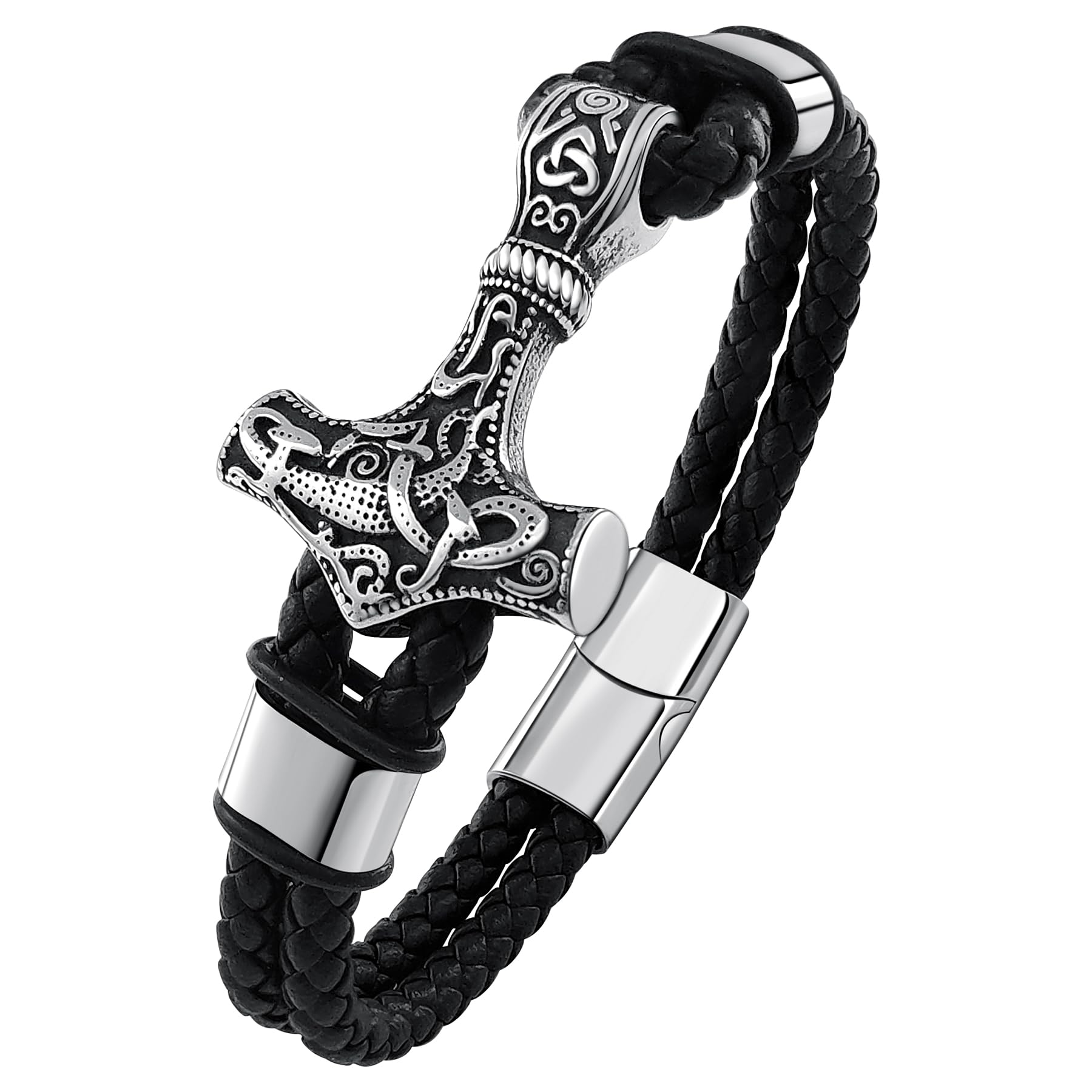 Hoyazvet Nordic Thor Hammer Bracelets Viking Leather Braided Bracelets for Men Stainless Steel Amulet Norse Mythology Jewelry Size9