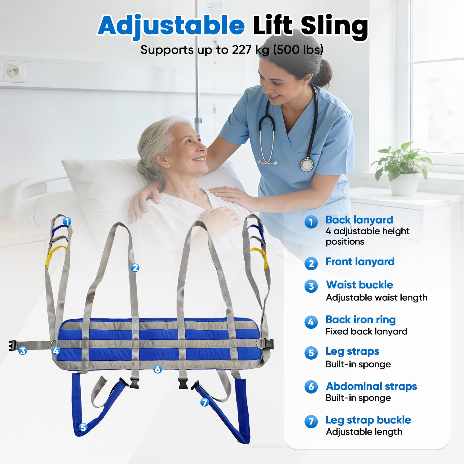 Arneses Para Grúas Pacientes, Ayuda Para Transferencia Arnés Elevación Asistida Para Grúas Pacientes Ajuste Altura 4 Niveles Peso Máximo 230Kg Compatible Con Mayoría Ayudas Y Dispositivos (M)