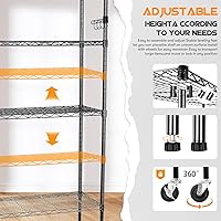 Vista 5 de YNN Storage Shelves,1750Lbs 5 Tier Heavy Duty Metal Rolling Shelving Unit with Wheels & 8 Hooks, Adjustable Garage Wire Rack for Kitchen, Negro