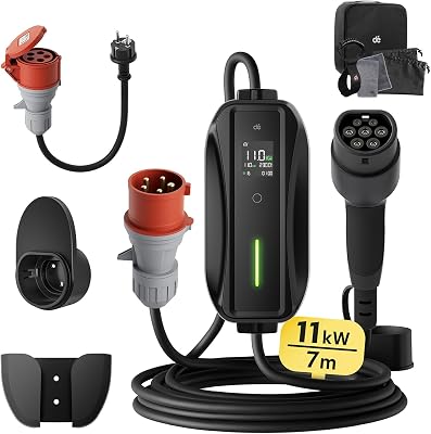 dé Mobile Wallbox/Ladestation 11kW [3-phasig|7m|6-16A] mit Einstellbarer Ladeleistung, Ladekabel CEE 16A auf Typ 2 und EV Ladegerät für Model Y/3, ID.3/4/5, MG4, EX30, e-up, e-tron, Zoe und andere EV