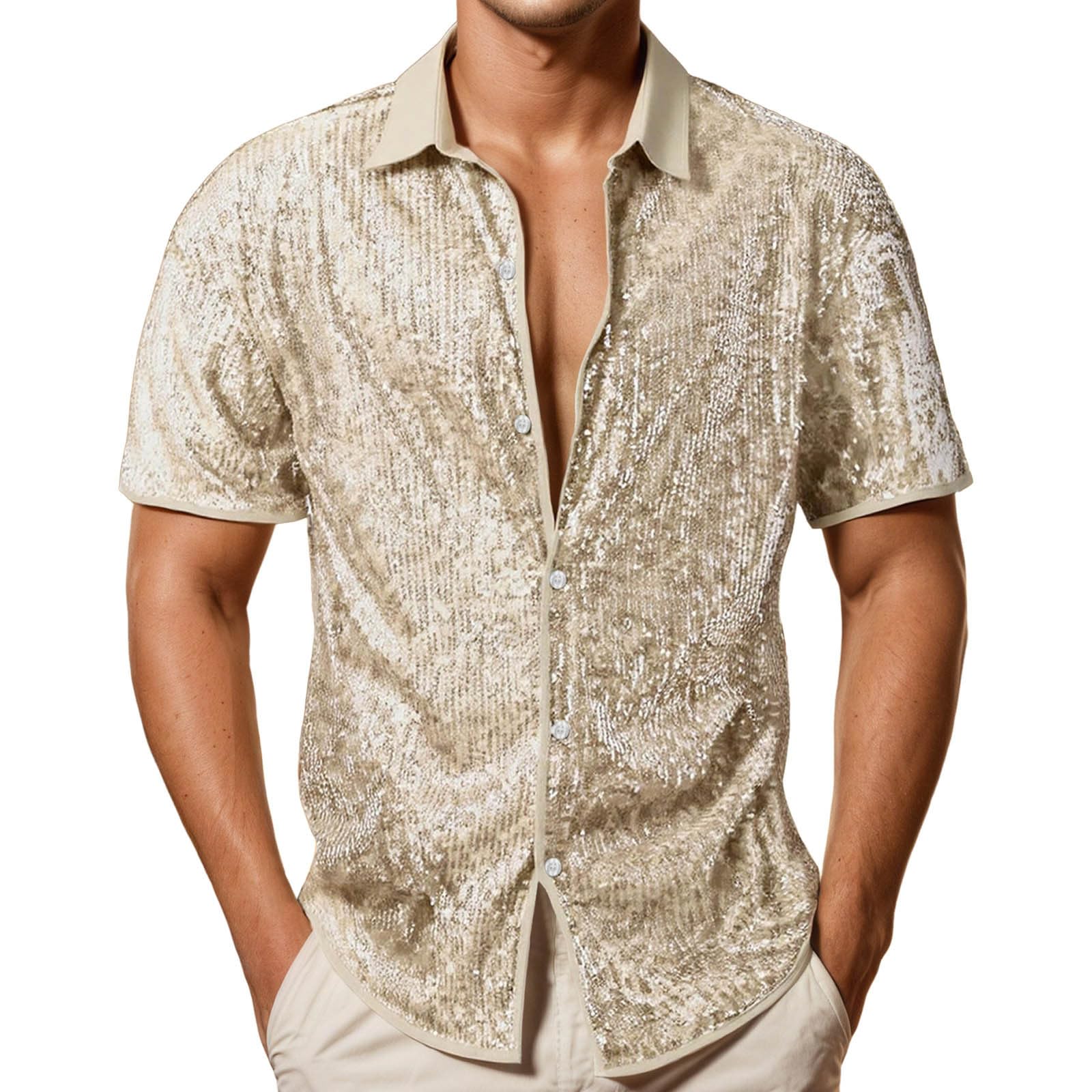 Chemise à Paillettes,discothèque,Brillante pour Homme,avec Paillettes Scintillantes des années 70,discothèque,Chemise à Paillettes,Chemise Vintage d'été avec Bouton à Paillettes F428