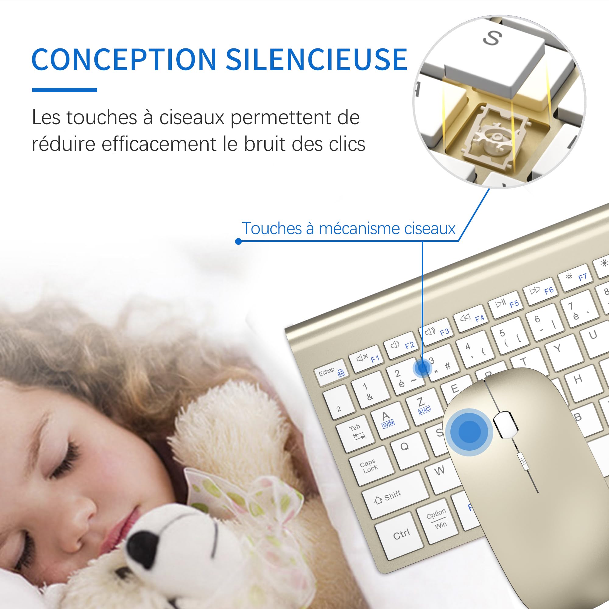 Combo Clavier Souris sans Fil Ultra Fin avec Double Système - Blanc Doré