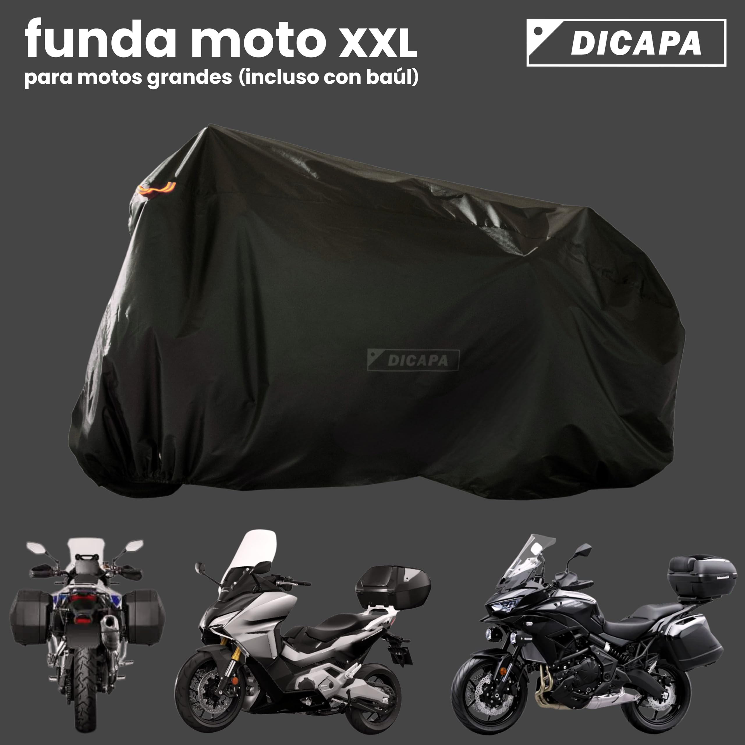 DICAPA Funda Moto Impermeable 245x105x125cm (XXL) Resistente al Agua, Viento, Nieve y Rayos UV. Funda para Moto con Sistema Antirrobo y Cierre Elástico