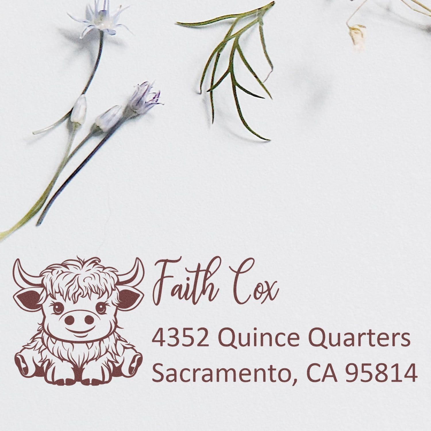 Personalized Return Address Stamp - Woolly Highland Cow Design, Pre-Inked Stamp for Animal Rights Activists, Unique Customized Stationery Gift, Ideal for Envelopes and Letters, Eco-Friendly Ink