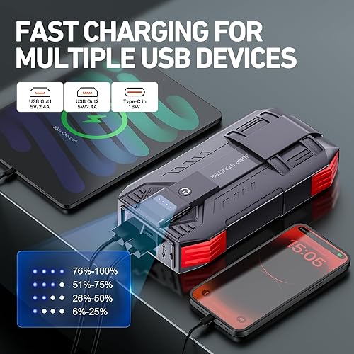 Miniatura 4 de Arrancador de batería de coche de 4000 A, arrancador portátil para motores de gasolina de hasta 10 L y 8 L diésel, caja de salto de 12 V con 3 modos