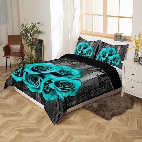 Miniatura 2 de Juego de ropa de cama gris turquesa, funda de edredón con diseño de rosas y rosas color verde azulado, tamaño King para niñas, hombres y mujeres,