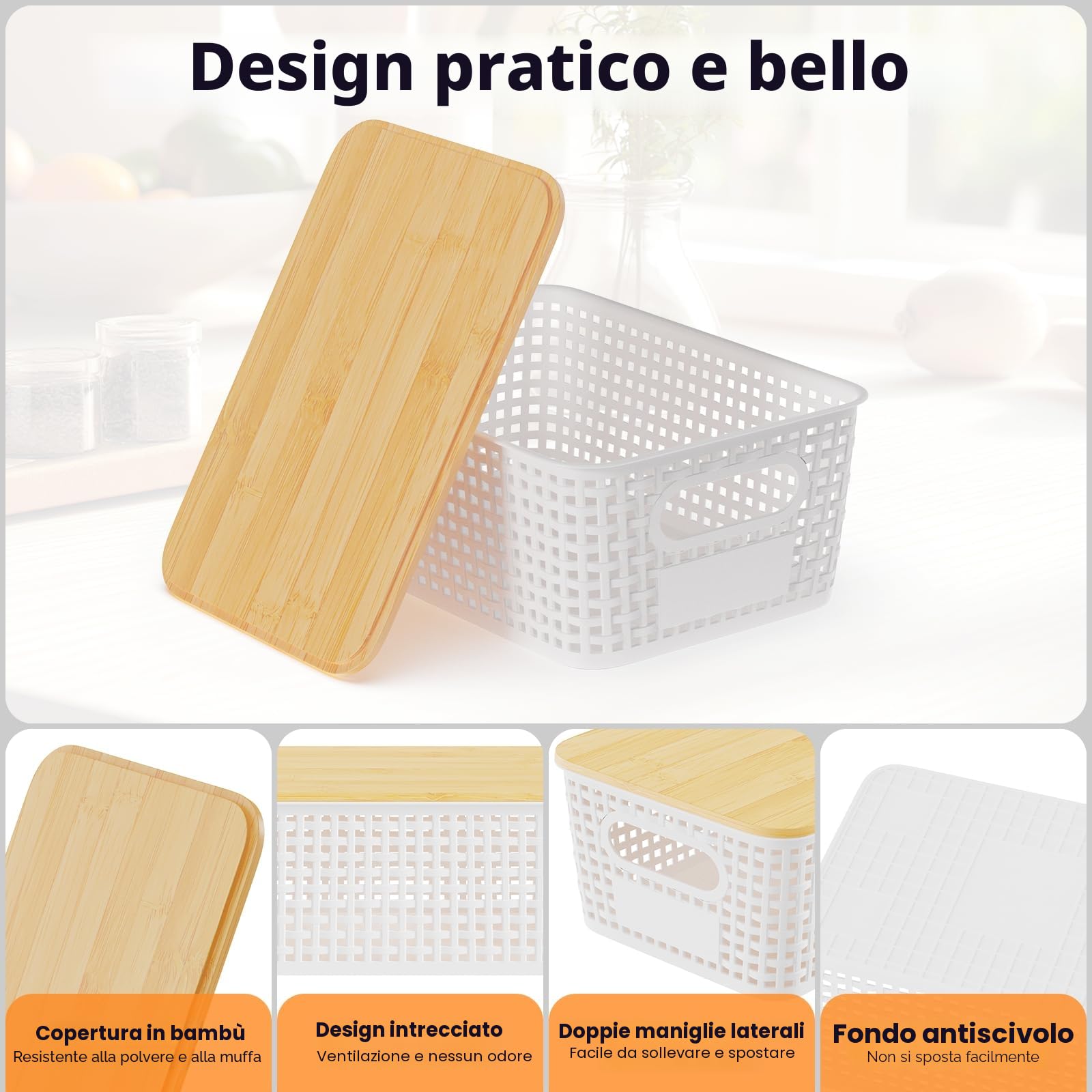 Set di 3 5L Scatole portaoggetti di Plastica con Bambù Coperchio Impilabili Salvaspazio Storage Cestini per Bagno Cucina Armadio Ufficio