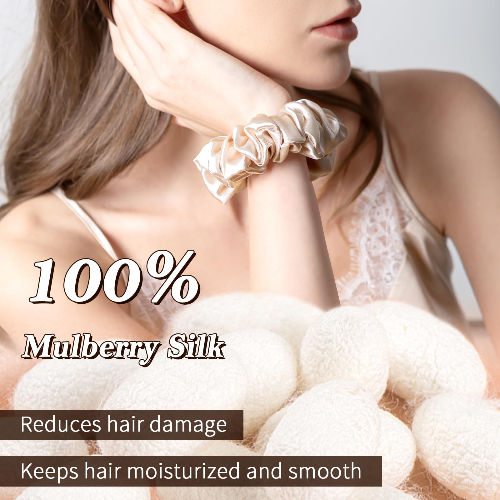 100% Mulberry Silk Hair Tie Silk Hair Scrunchies Hair Decoration Without Hair Damage Prevents Frizz 1pack (Champagne) - Image 4