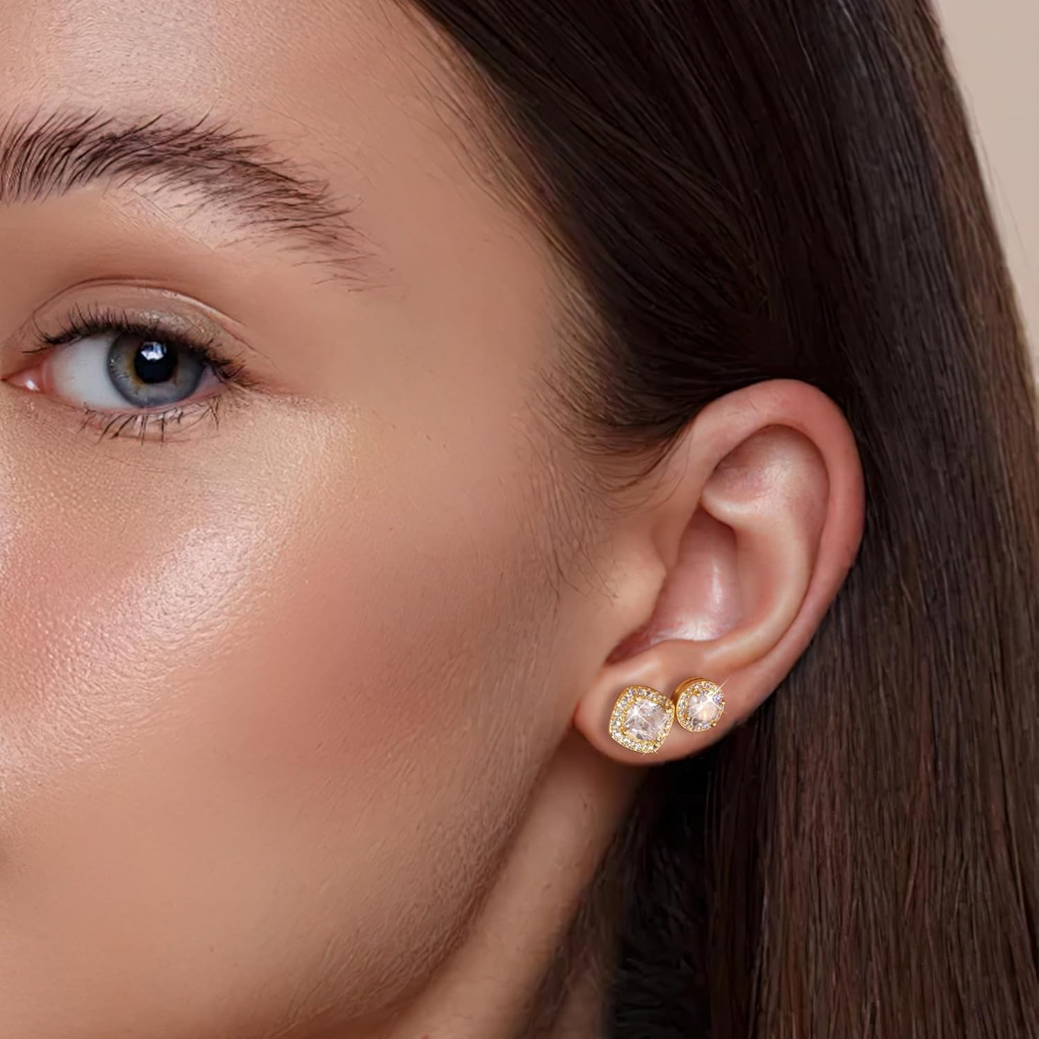 ALEXCRAFT Sterling Silver Stud Earrings for Women Cubic Zirconia Halo Round Heart Square Diamond Large Silver Stud Set - Image 4