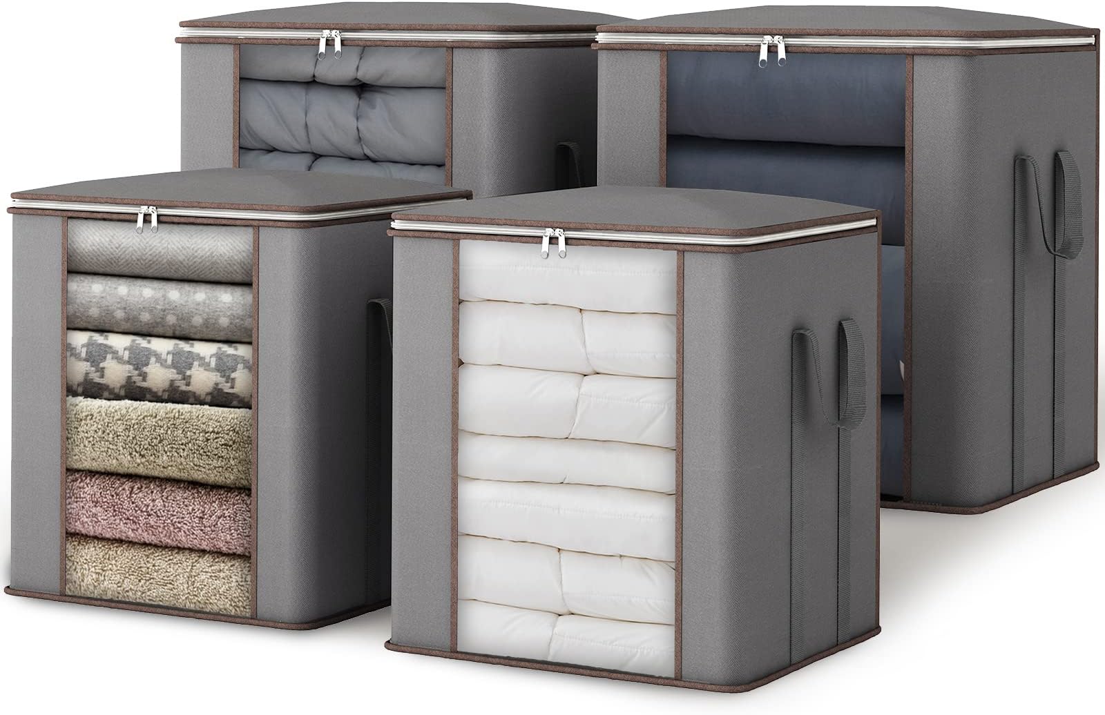 Fixwal 4pcs Large Blanket Bags 120L King Foldable Comforters Storage Bags, Extra Large Organizers for Blankets, Clothes, Pillows, Quilts, Bedding with Thick Fabric Reinforced Handles, Grey