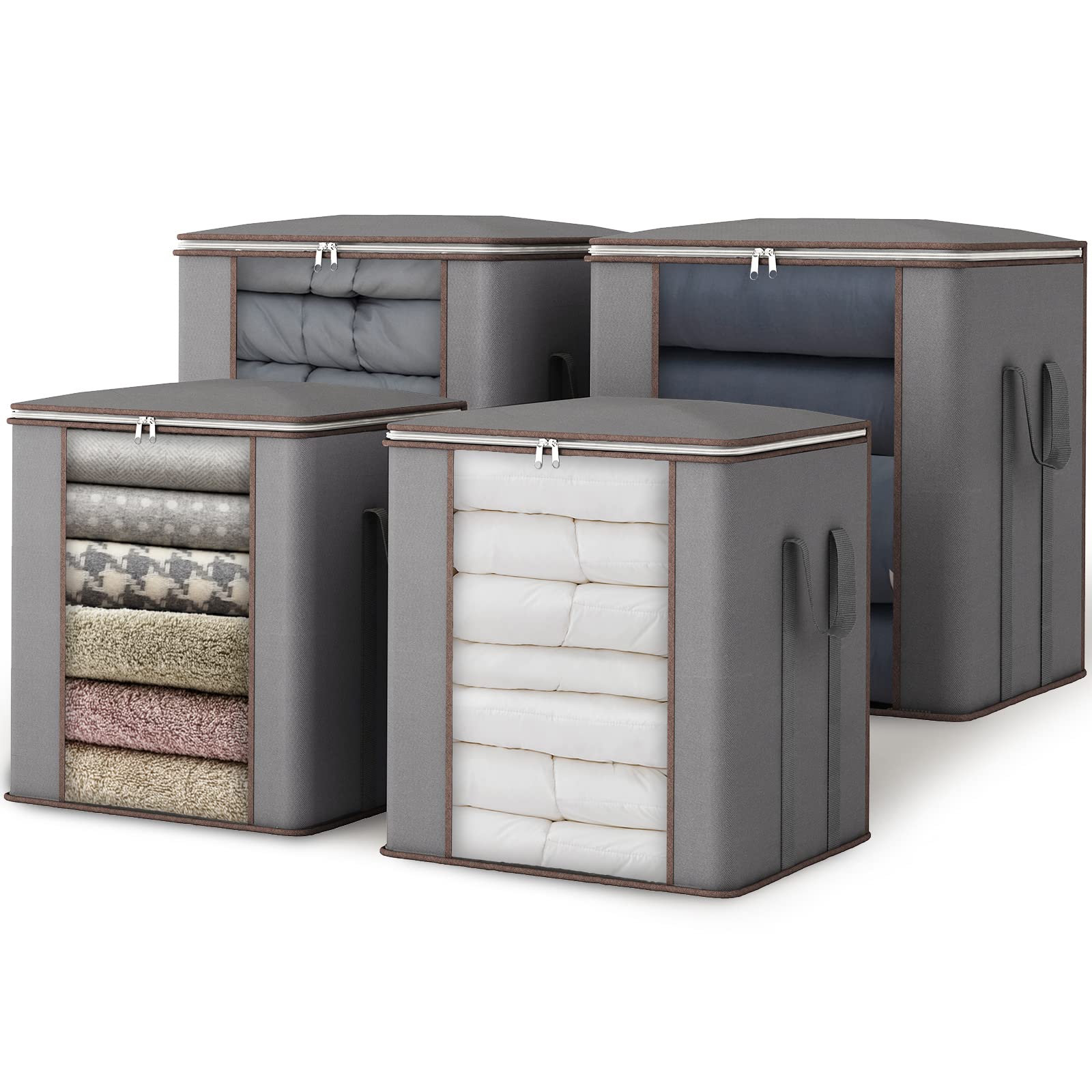 Fixwal 4pcs Large Blanket Bags 120L King Foldable Comforters Storage Bags, Extra Large Organizers for Blankets, Clothes, Pillows, Quilts, Bedding with Thick Fabric Reinforced Handles, Grey