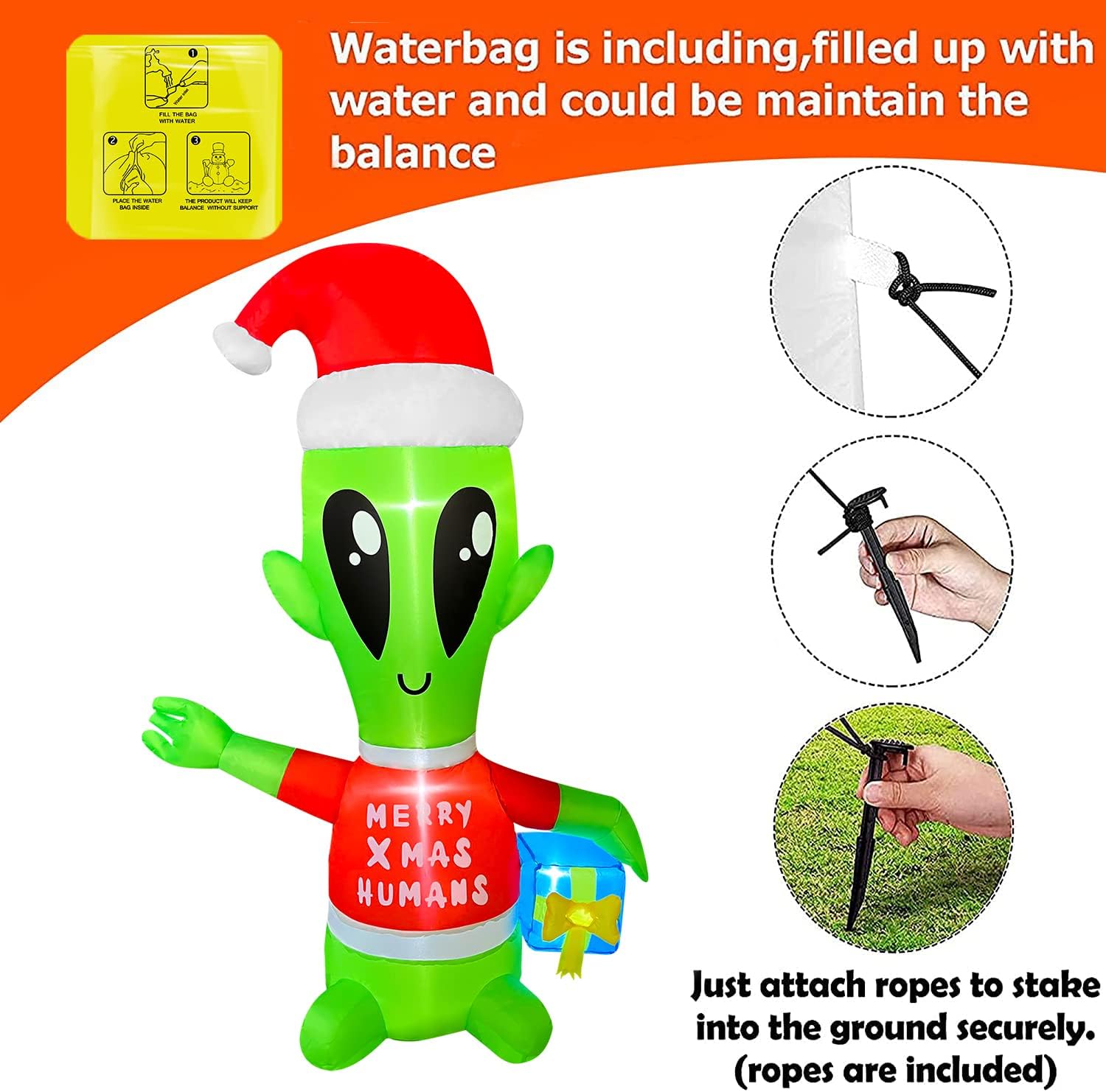 4 FT Christmas Inflatables Alien with Gift Box Decorations LED Lighted Xmas Christmas Blow up Yard Decorations for Party Indoor Outdoor Garden Decor