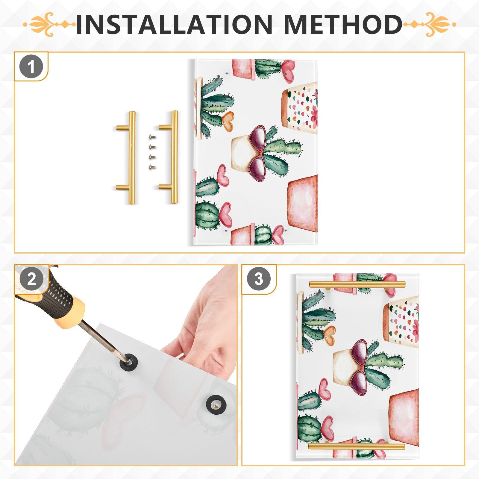 Wassud Bathroom Vanity Tray with Handles Cacti with Hearts Acrylic Jewelry Perfume Organizer for Bathroom Kitchen Counter 11.81