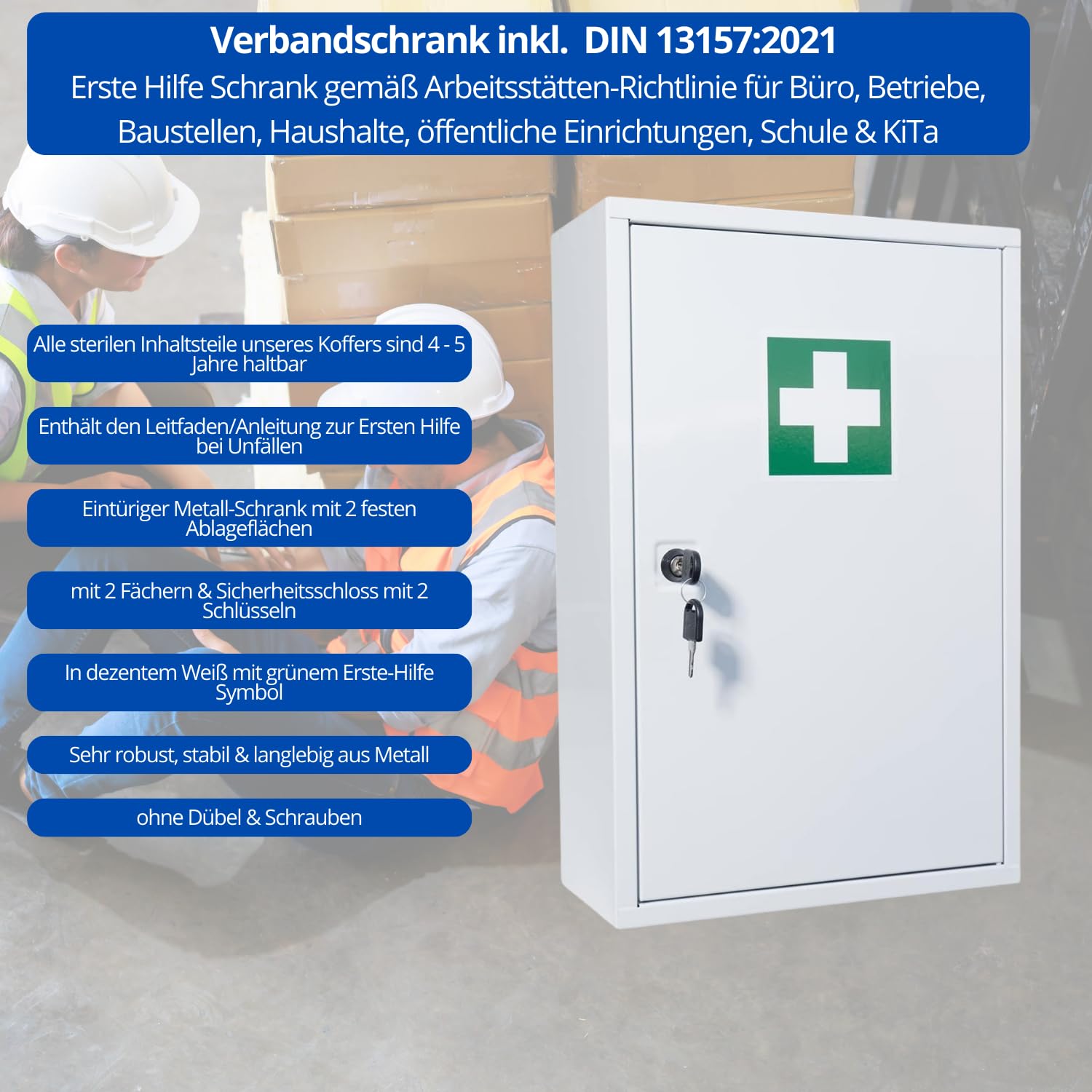 Botiquín de primeros auxilios con DIN 13157:2021 con 2 compartimentos, cerradura de seguridad, de metal, tamaño: 37 x 30 x 14 cm, resistente y compacta, armario de primeros auxilios para colgar