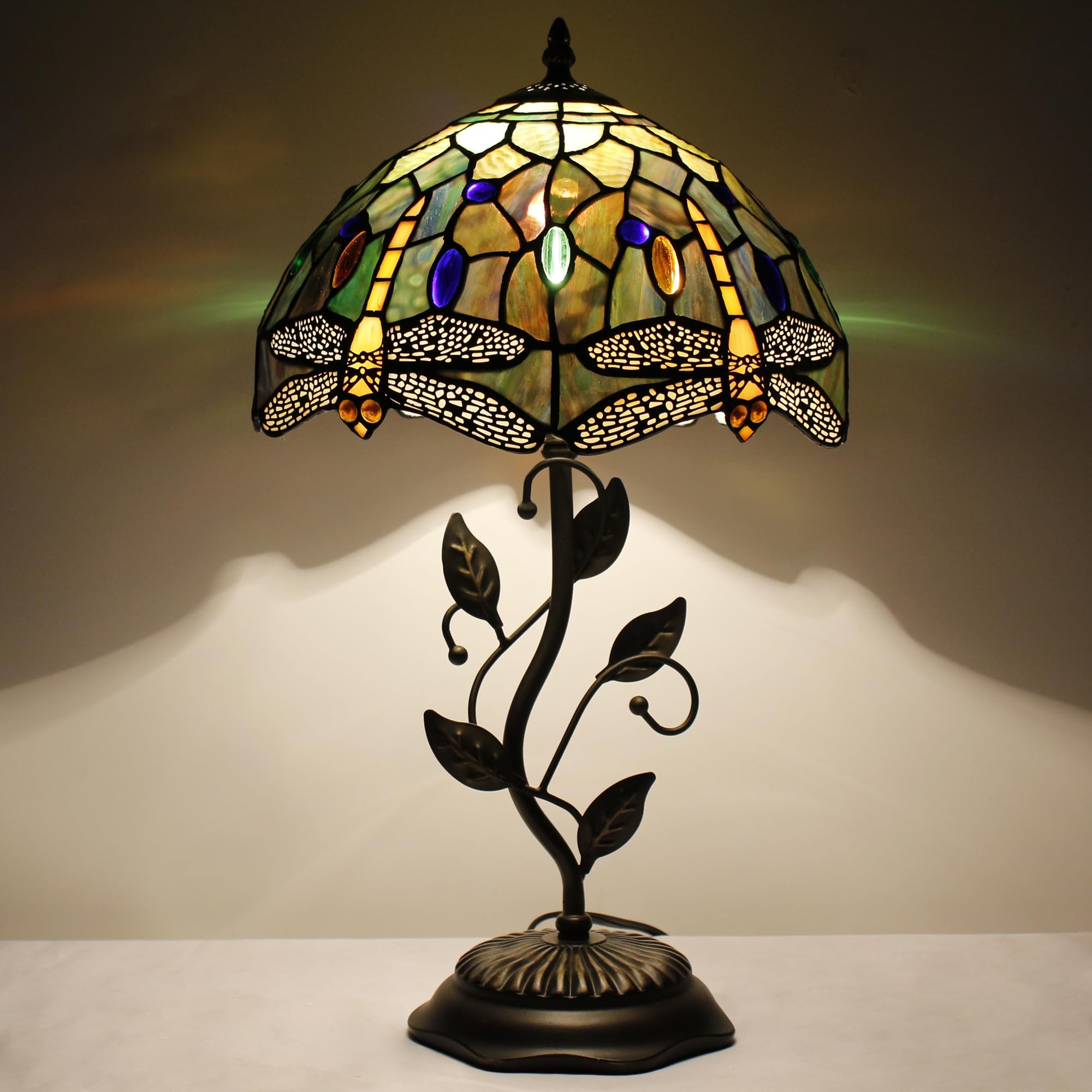 WXCFCD Tiffany Lamp Table Lamp Stained Glass Desk Light 12X12X19 Inches Reading Light Decor Bedroom Living Room (Brown Green Yellow Dragonfly Style)