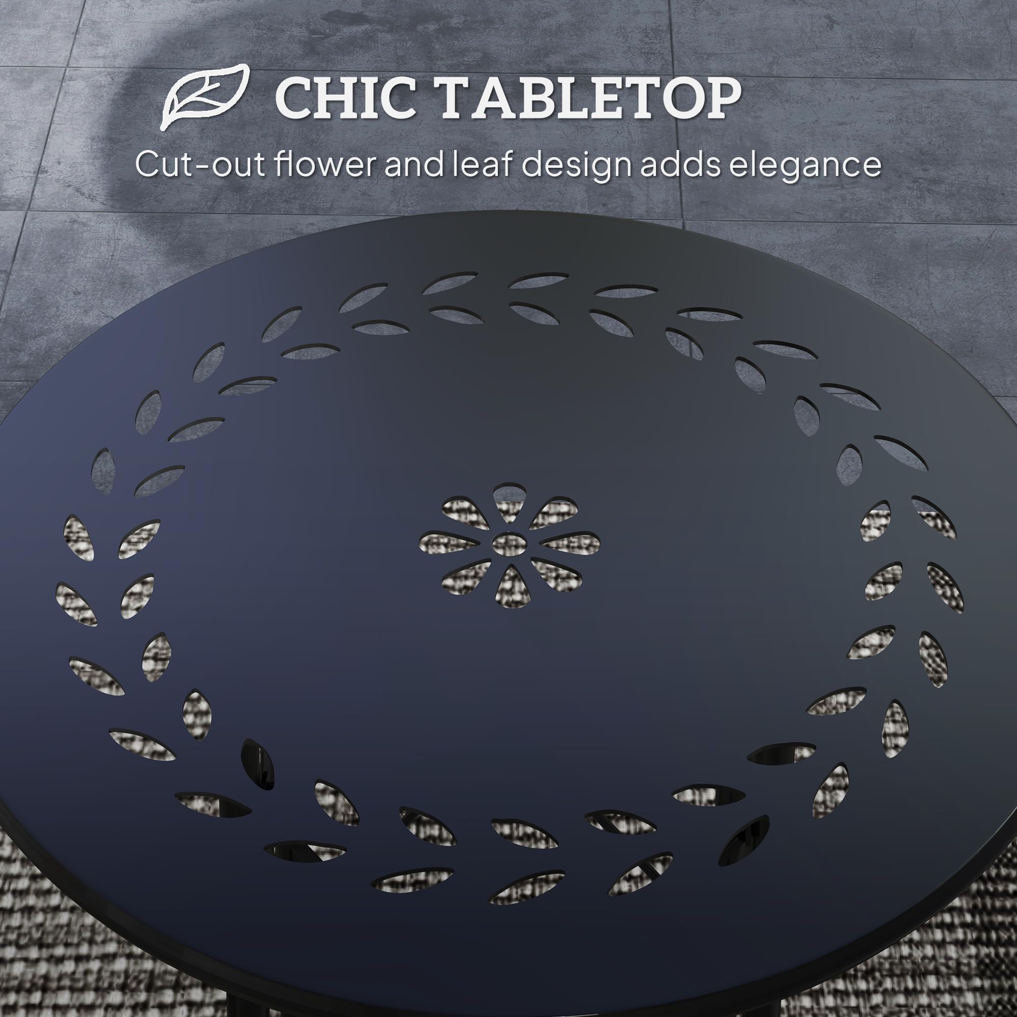 Outsunny 15.7" Round Garden Table with Floral Cut-Out, Steel Balcony Side Bistro Coffee Table, Outdoor Furniture with Adjustable Feet for Patio Garden, Black - 4