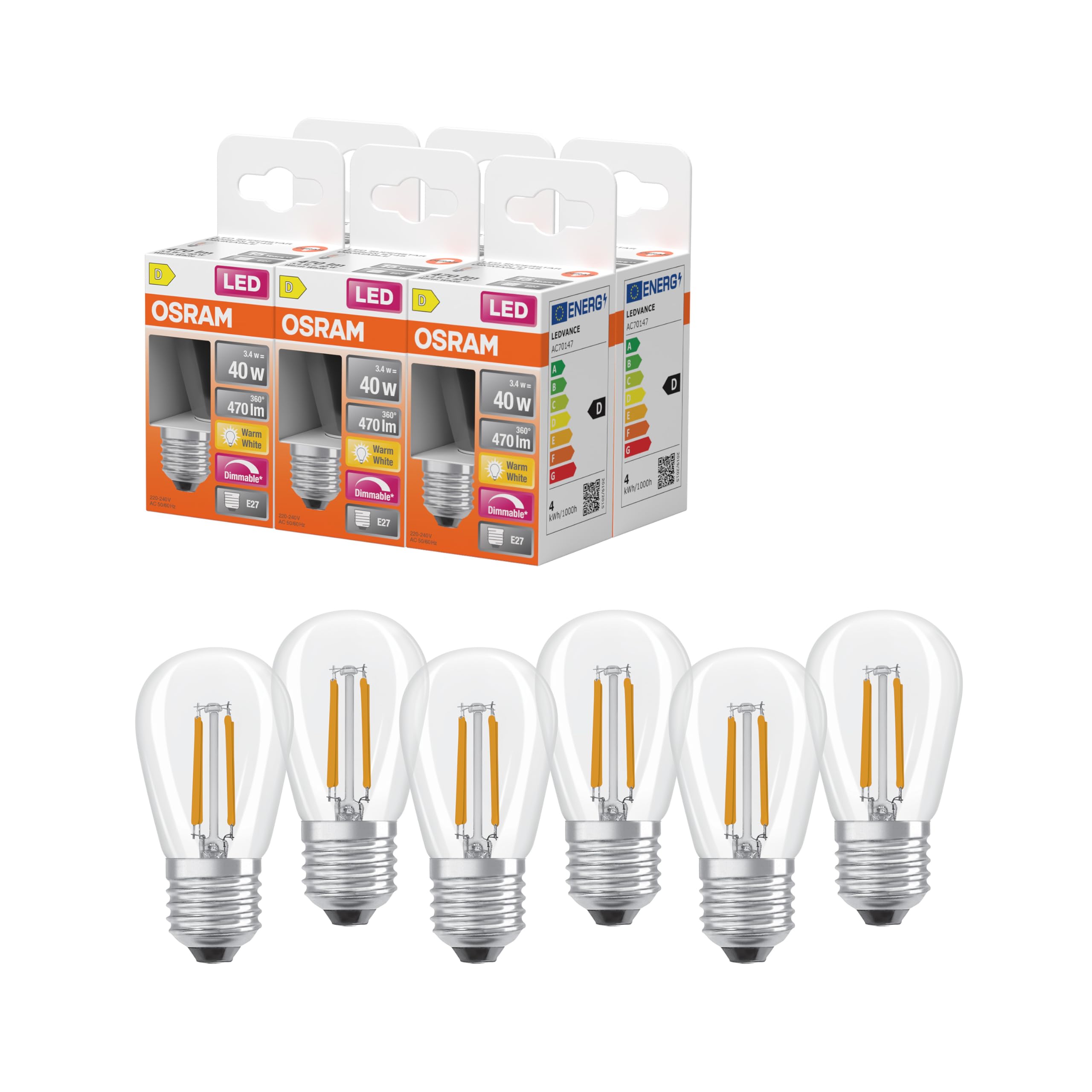 OSRAM Lámpara LED Superstar Edison ST45 DIM 3,4 W Transparente E27 | LED Superstar Mini Edison ST45 40 Filament DIM, LED Lamps, Claro, 45 mm dia, 15000 h, Paquete de 6