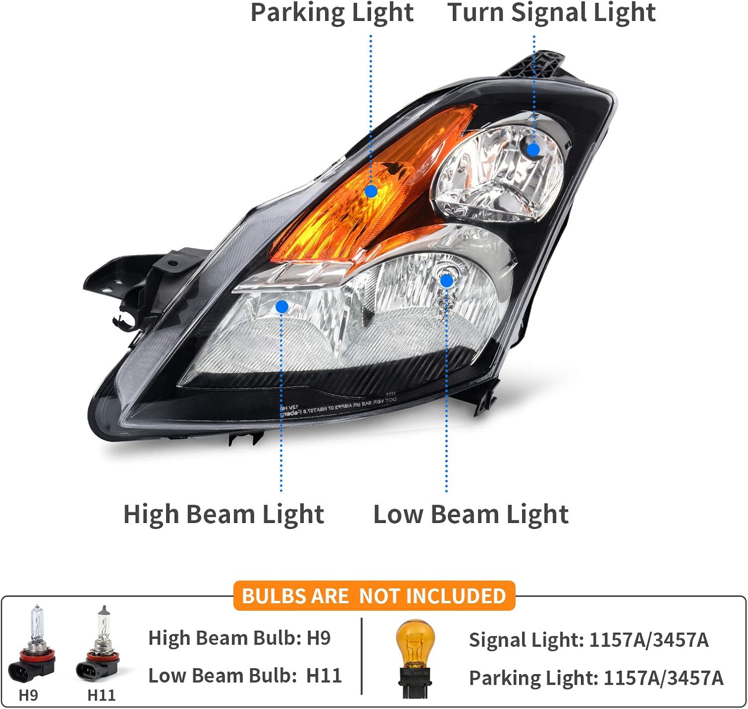 DWVO Headlight Assembly Compatible with 07 08 09 Altima 4-Door Sedan 2007 2008 2009 Black Housing with Amber Reflector Clear Lens