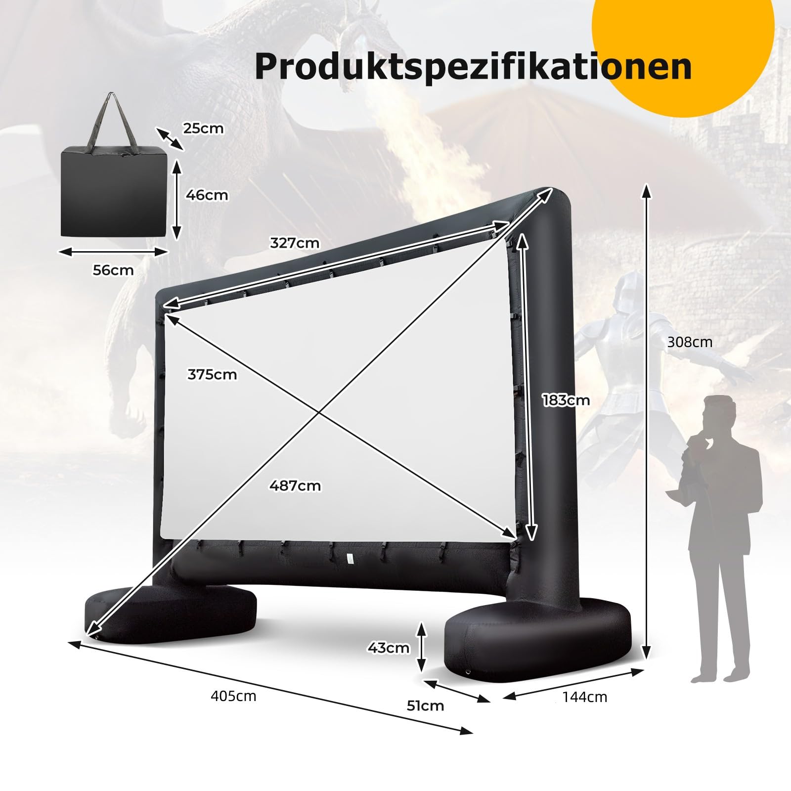 GYMAX Pantalla Hinchable para proyector de Exterior, con Tela Oxford y soplador, 1080P, 4K, 3D, HD, portátil 16:9 con Bolsa de Transporte, para Cine en casa y jardín (327 x 183 cm)