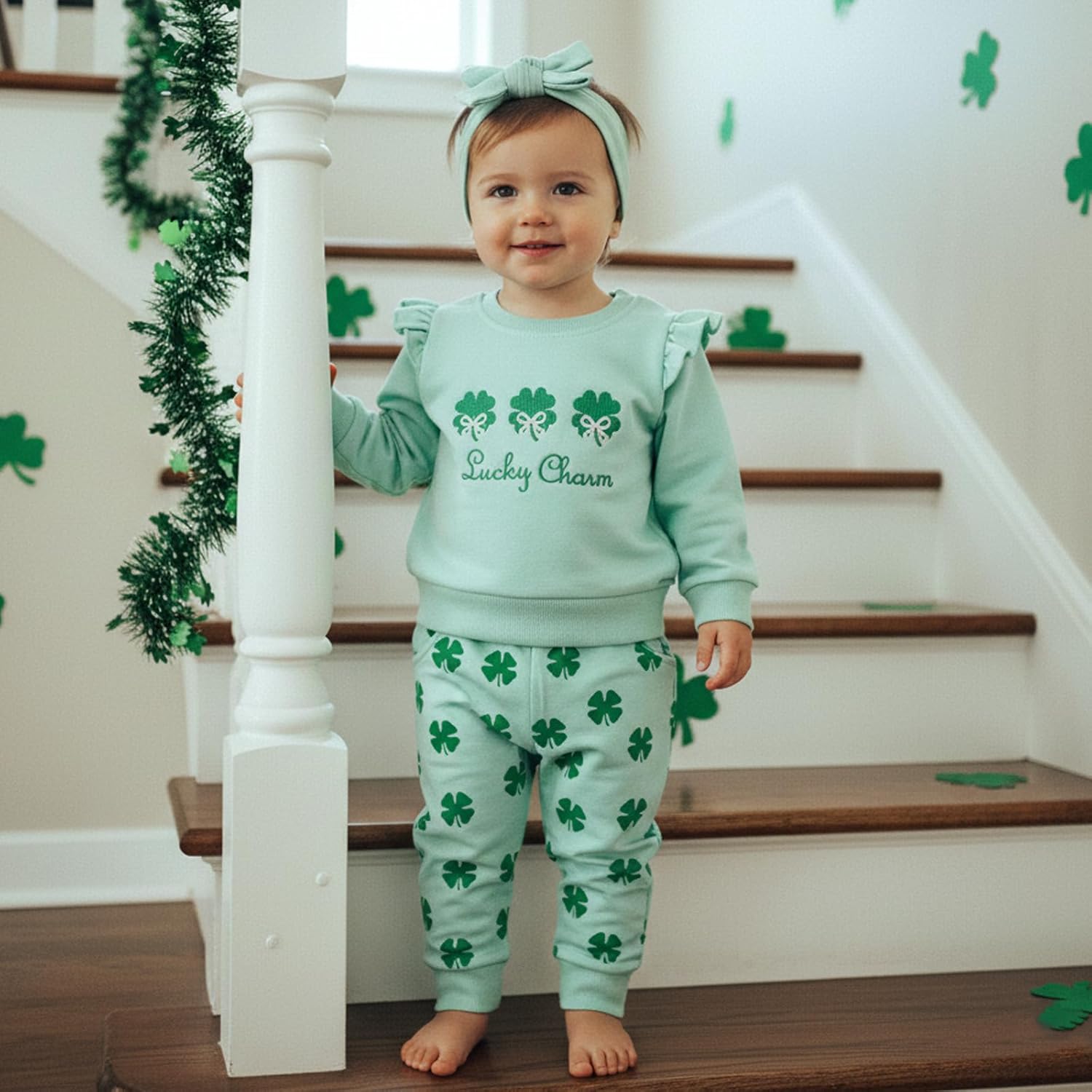 Toddler Baby Girl St Patricks Day Outfit Ruffle Sleeve Letters Print Lucky Charm Sweatshirt Pants Headband 3Pcs Set - Image 4