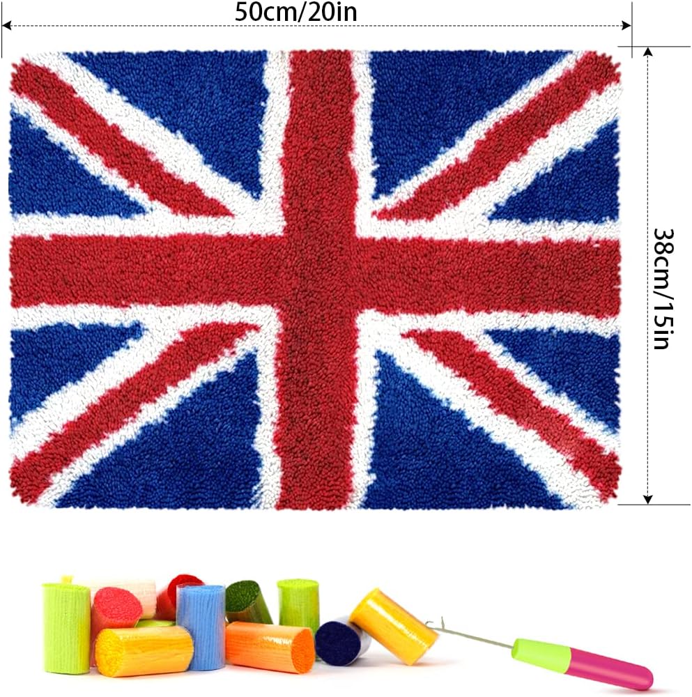clubevy Tapestry Kits Latch Hook Rug Kits Carpet Embroidery Needlework Button Package DIY Rugs Cross Stitch Kit, 20×15inches(British Flag)
