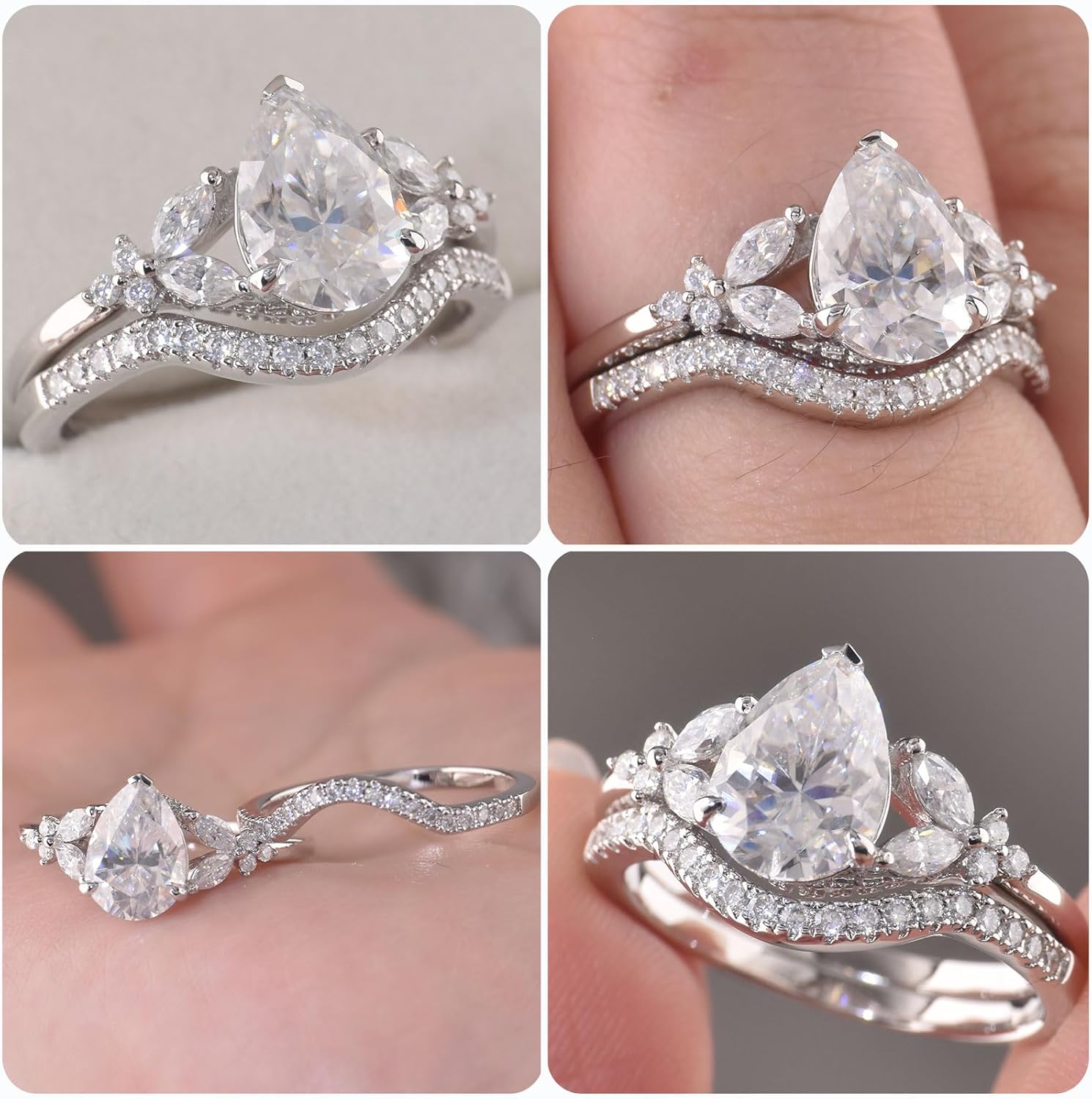 D Color VVS1 Moissanite Wedding Rings for Women 925 Sterling Silver Engagement Ring Bridal Set Pear Teardrop Size 5-10
