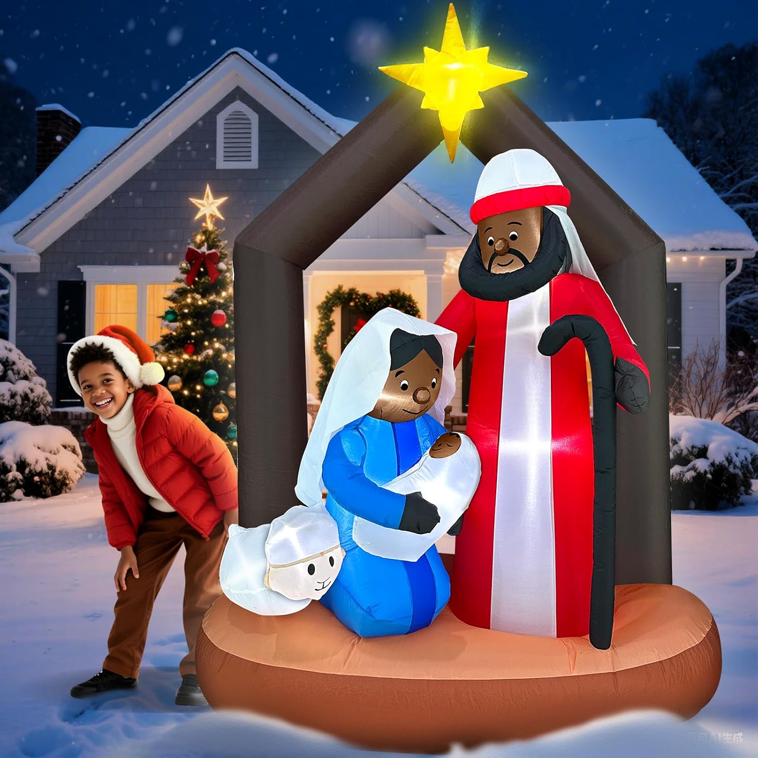 Black Santa Christmas Decorations, 7 Ft Tall 5 Ft Long African American Christmas Inflatable Black Nativity Scene Outdoor Decoration, Blow Up Jesus Manger Set with Built-in LEDs Xmas Decor Yard Lawn