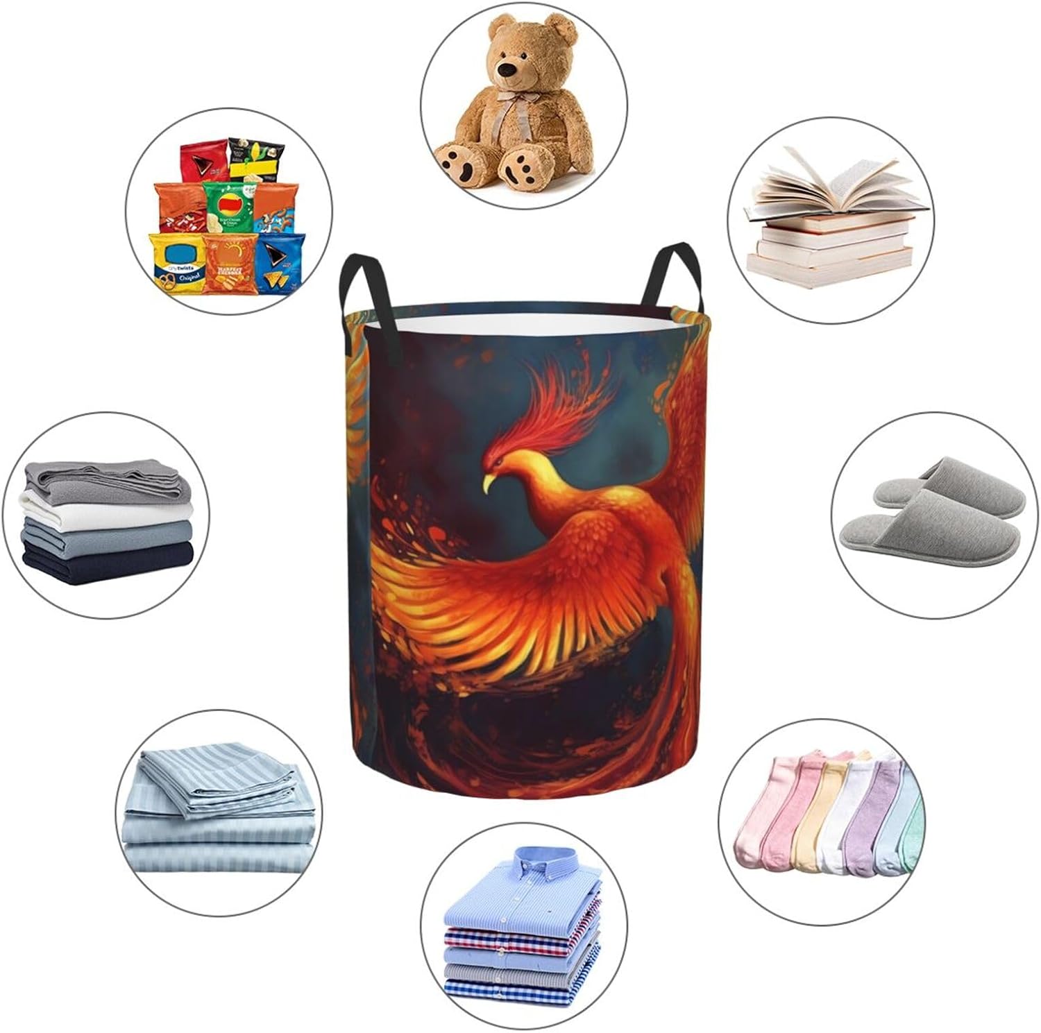 Orange Red Phoenix Laundry Basket With Handles, Foldable Laundry Hamper Oxford Cloth Dirty Clothes Basket Waterproof Clothes Toys Storage Bin Organizer for Bedroom Bathroom Dorm
