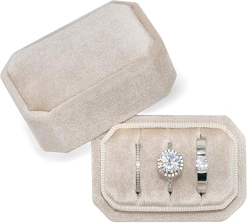 Beatilog Caja de anillos de terciopelo rectangular octogonal 3 ranuras hecha a mano de primera calidad soporte de tres anillos para boda