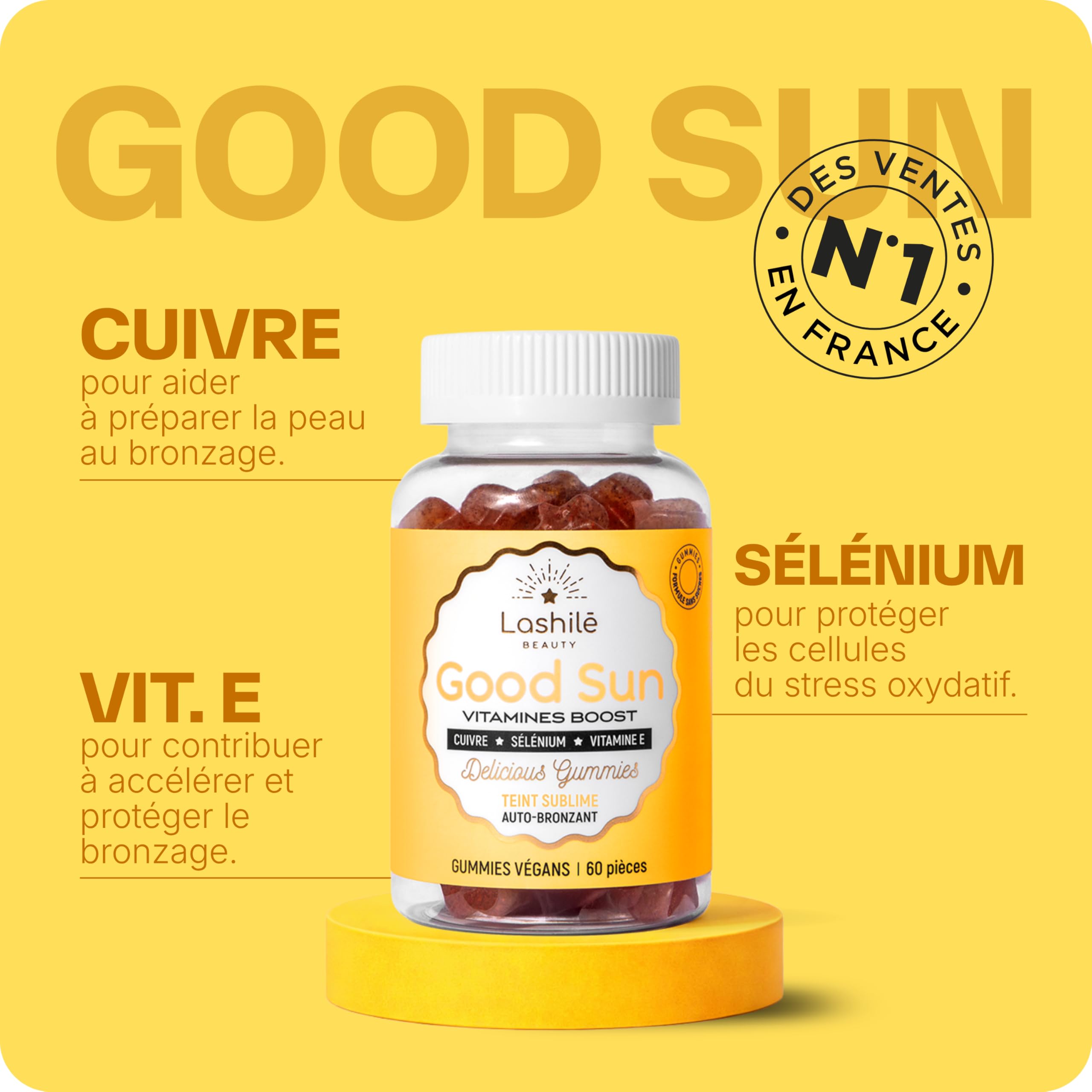 Lashilé Beauty - Gummies Solaire - Autobronzant Préparateur & Accélére le bronzage - Good Sun - Complément Alimentaire Solaire -Vitamine E & A Bêta-carotène - Cure 1 mois 60 Gummies