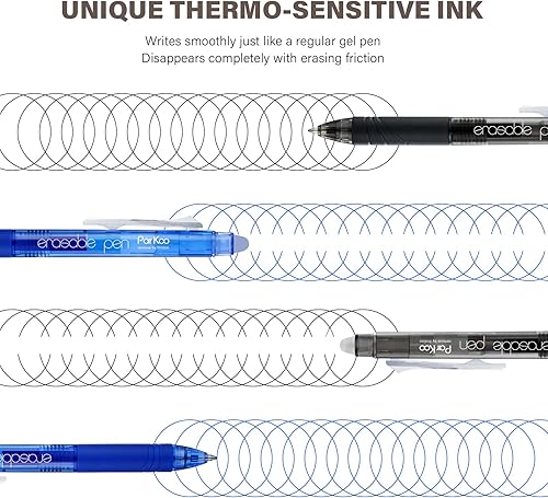 Miniatura 3 de ParKoo Bolígrafos de gel retráctiles borrables de punta fina de 0.028in, desaparece los errores, 3 bolígrafos de tinta negra3 azules con 4 recambios