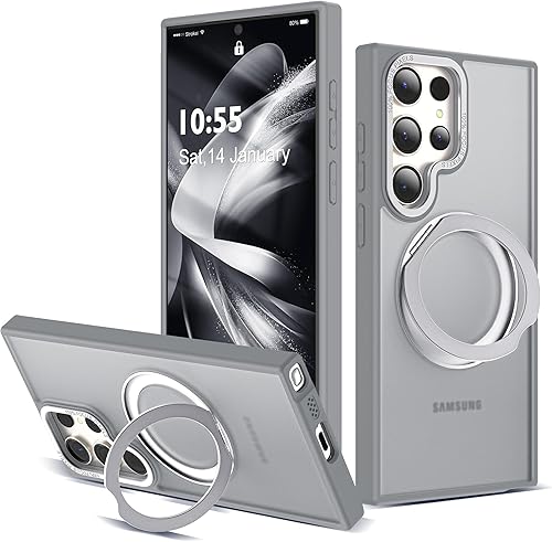 Miniatura 55 de Funda para Samsung Galaxy S25 con soporte de anillo magnético giratorio de 360°, compatible con protección militar Mag-Safe, a prueba de golpes,