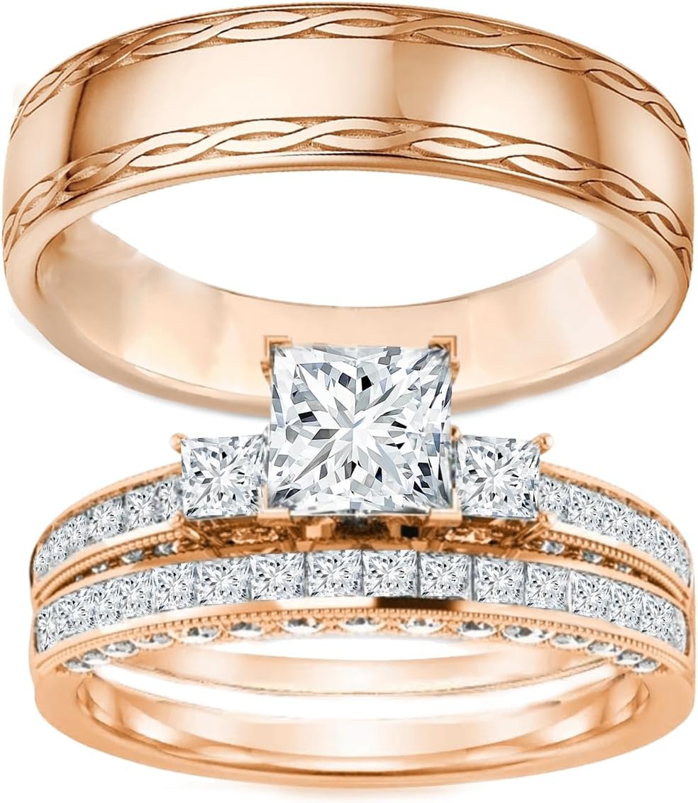 10K 14K 18K Real Gold Matching Couple Ring Set for Her and Him Moissanite Matching Wedding Bands Ring for Women and Men Couple Engagement Rings Set 925 Silver 3pcs Bridal Rings Sets Free Engraving