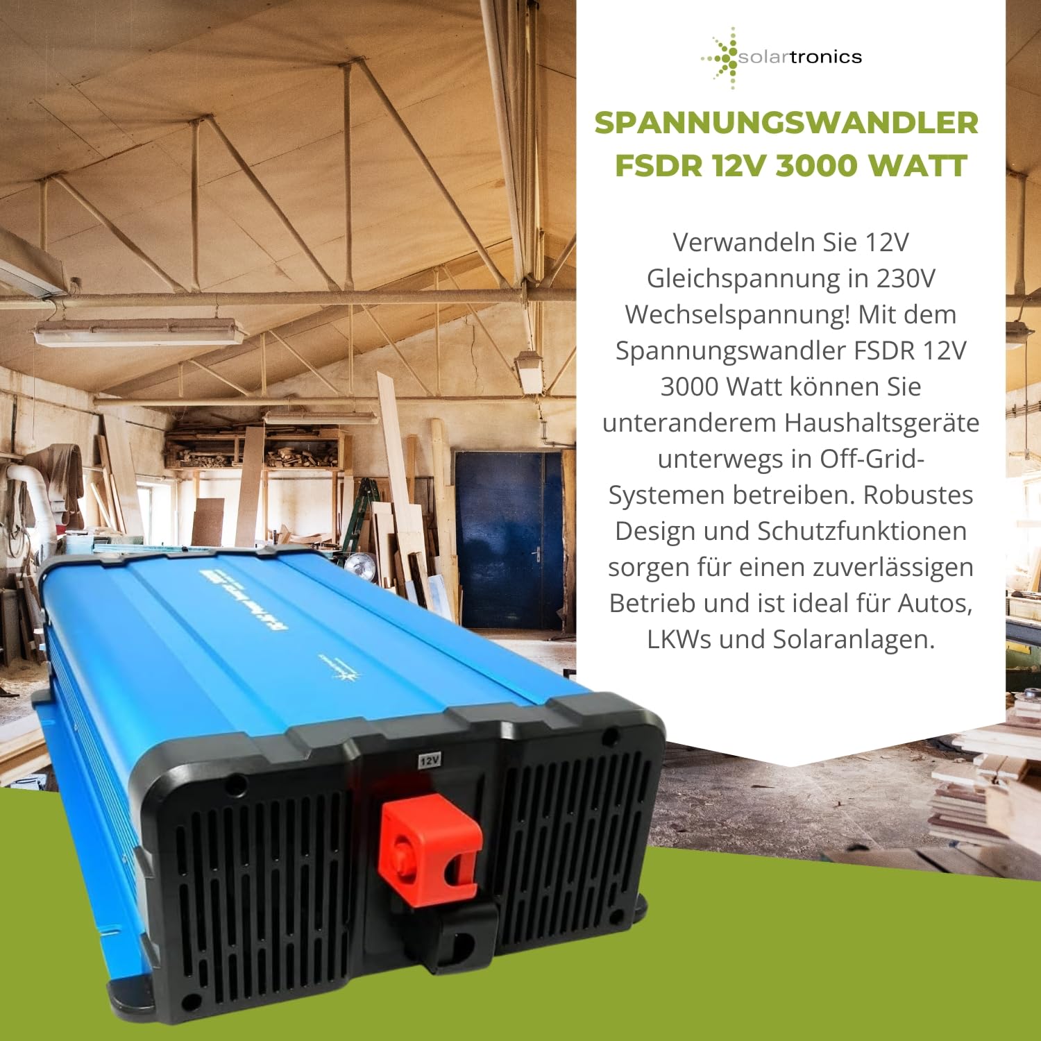 Solartronics Przetwornica napięcia FS3000DR 12V do 230V 3000 W czysty sinusoidalny pilot zdalnego sterowania opcjonalny falownik solarny - z radiem CRW88