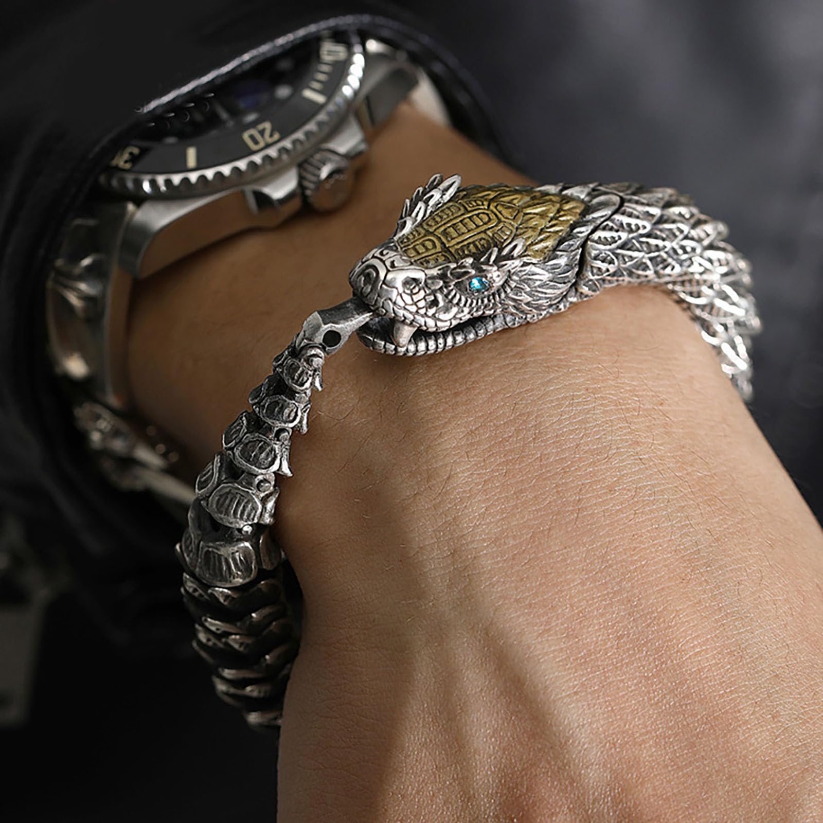 Pulsera vintage de cadena de serpiente, de metal antiguo, lujoso, estilo Ouroboros, pulsera de serpiente del zodiaco, cierre de gancho para hombres y mujeres, accesorios, Cobre, No es una 4