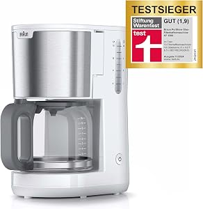 Braun PurShine KF 1500 WH Coffee Machine – Filter Coffee Machine with Glass Jug for up to 10 Cups, OptiBrew System, Automa…